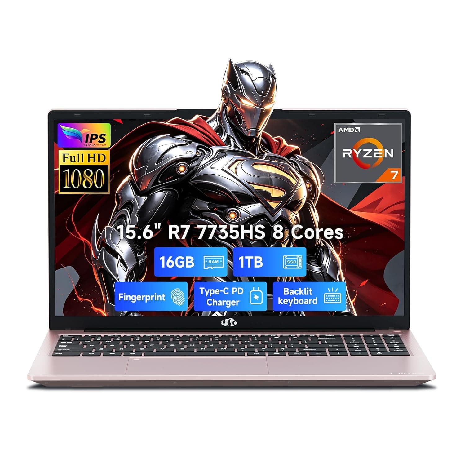 NIMO Light-Gaming-Laptop, Ryzen 7 7735HS (Beats i7-12650H), 16GB DDR5 1TB SSD, 100W PD, Radeon 680M 15.6" FHD Backlit KB Fingerprint Computer for Business Gaming College School