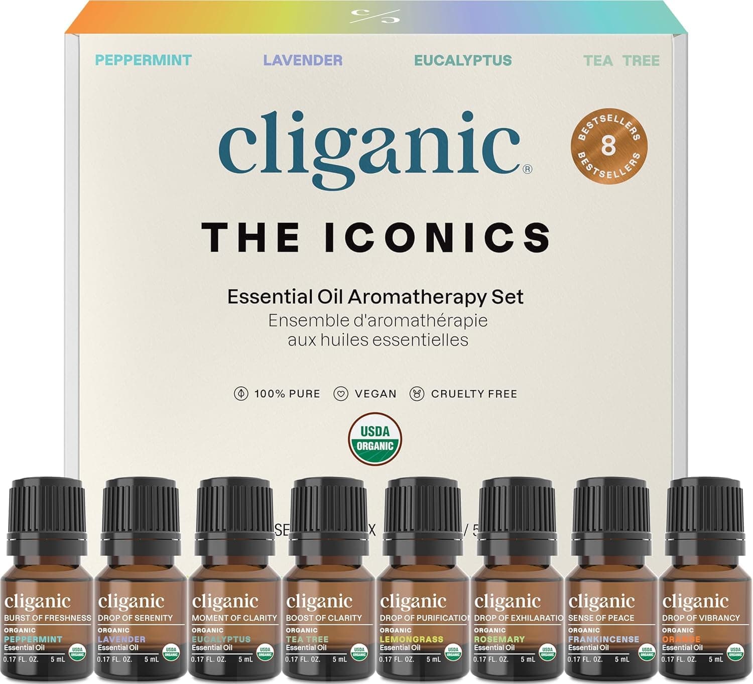 Cliganic Organic Aromatherapy Essential Oils Gift Set (Top 8), 100% Pure - Peppermint, Lavender, Eucalyptus, Tea Tree, Lemongrass, Rosemary, Frankincense & Orange