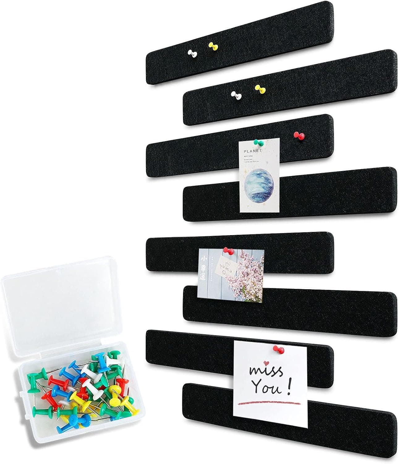 8Pack Felt Pin Cork Boards Bar Strips for Office Home Wall Decoration, Bulletin Boards Strips for Wall, Self Adhesive Cork Board with 50 Push Pins for Paste Notes, Photos, Schedules (Black)