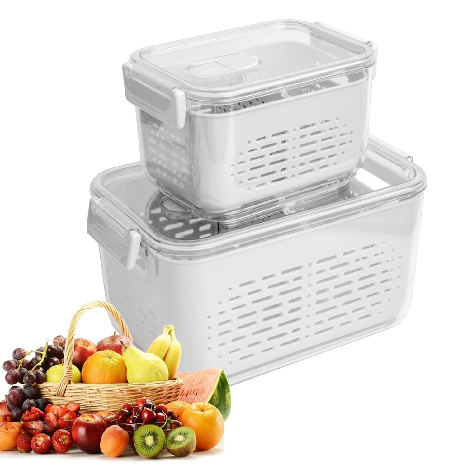 حاويات تخزين للثلاجة بفتحات تهوية - منظم فواكه وخضروات مع اغطية علوية قابلة للرفع | صناديق مقرمشة خالية من البيسفينول ايه للسلطة والتوت والمنتجات (غير امنة للاستخدام في غسالة الصحون)