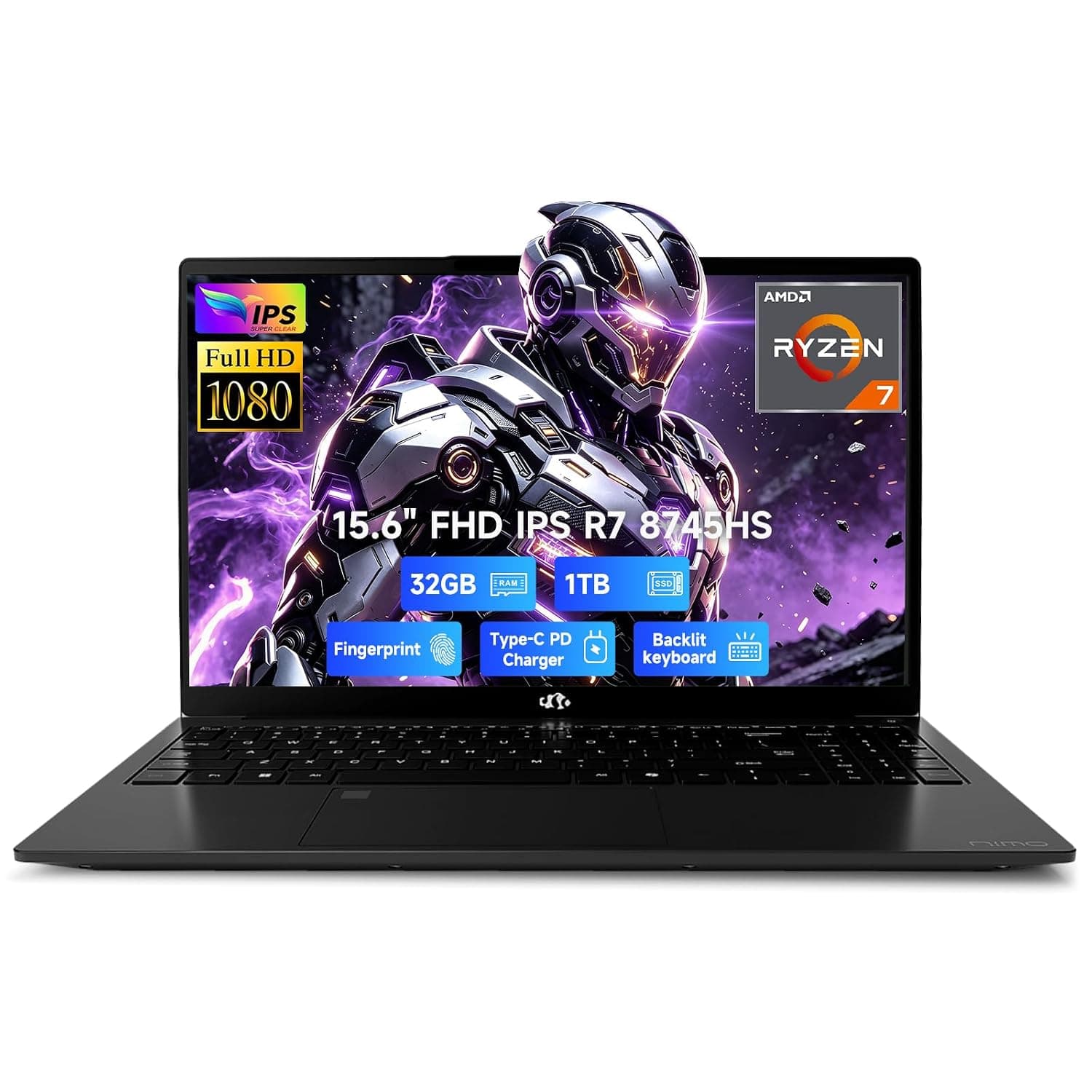 NIMO 15.6" Gaming Laptop, Ryzen 7 8745HS (8C/16T, Beats R9 7940HS) 32GB DDR5 1TB SSD, Radeon 780M Graphics, FHD IPS, Backlit KB, Fingerprint, WiFi 6E, Business Laptops for Video Editing Students