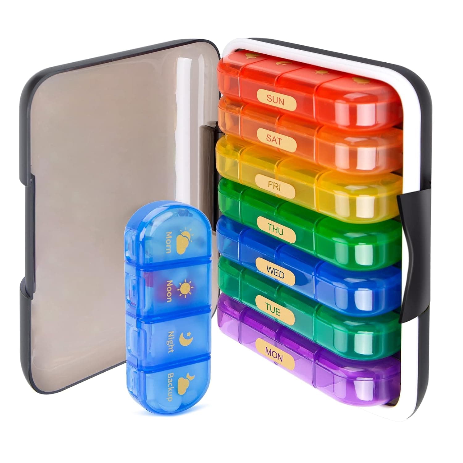 MURRI&MURRDI 7-Day Pill Organizer with 28 Cells, Large Weekly Pill Case for 4 Daily Compartments, Moisture-Proof Travel Pill Box for Vitamins, Medications, Supplements, Multi-Color