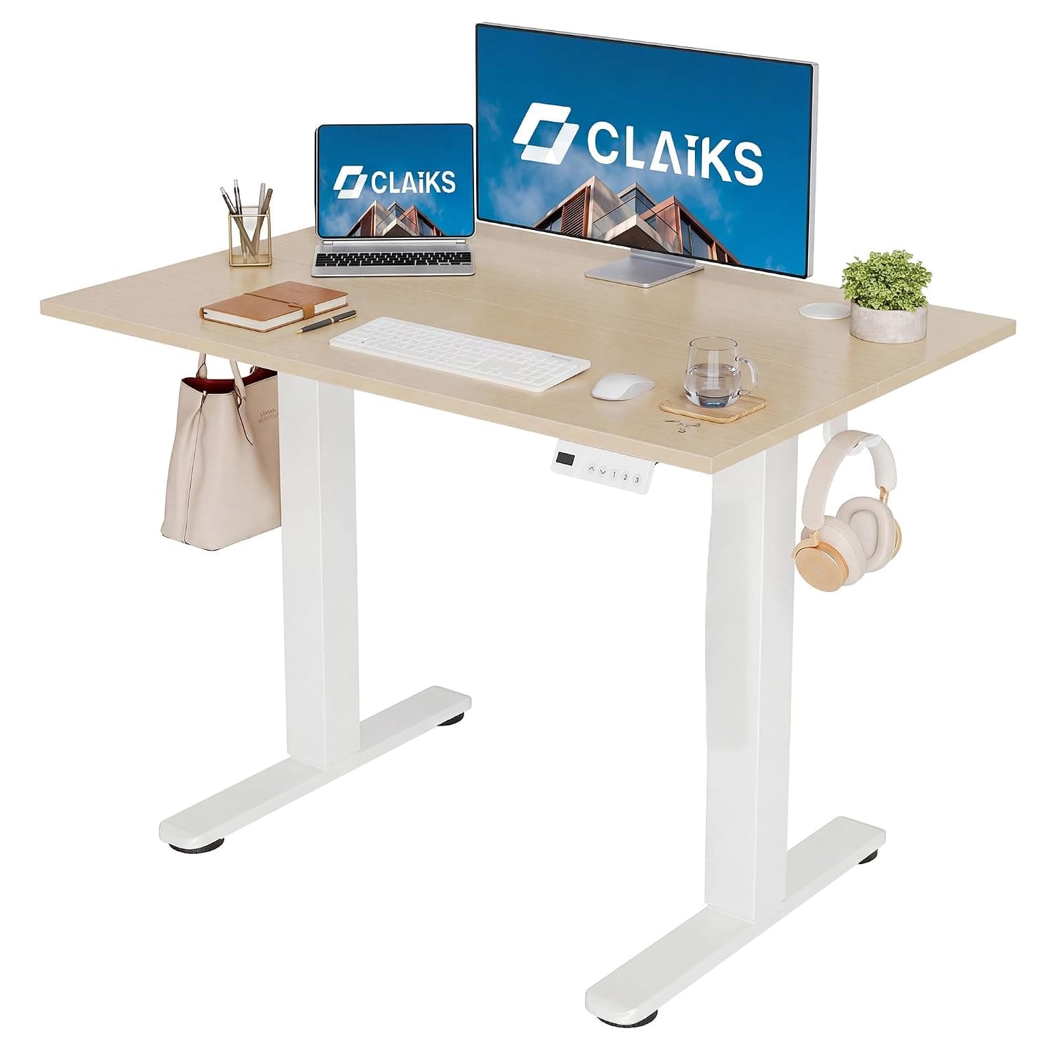 Electric Standing Desk, Adjustable Height Stand up Desk, 40x24 Inches Sit Stand Home Office Desk with Splice Board, White Frame/Nature Top