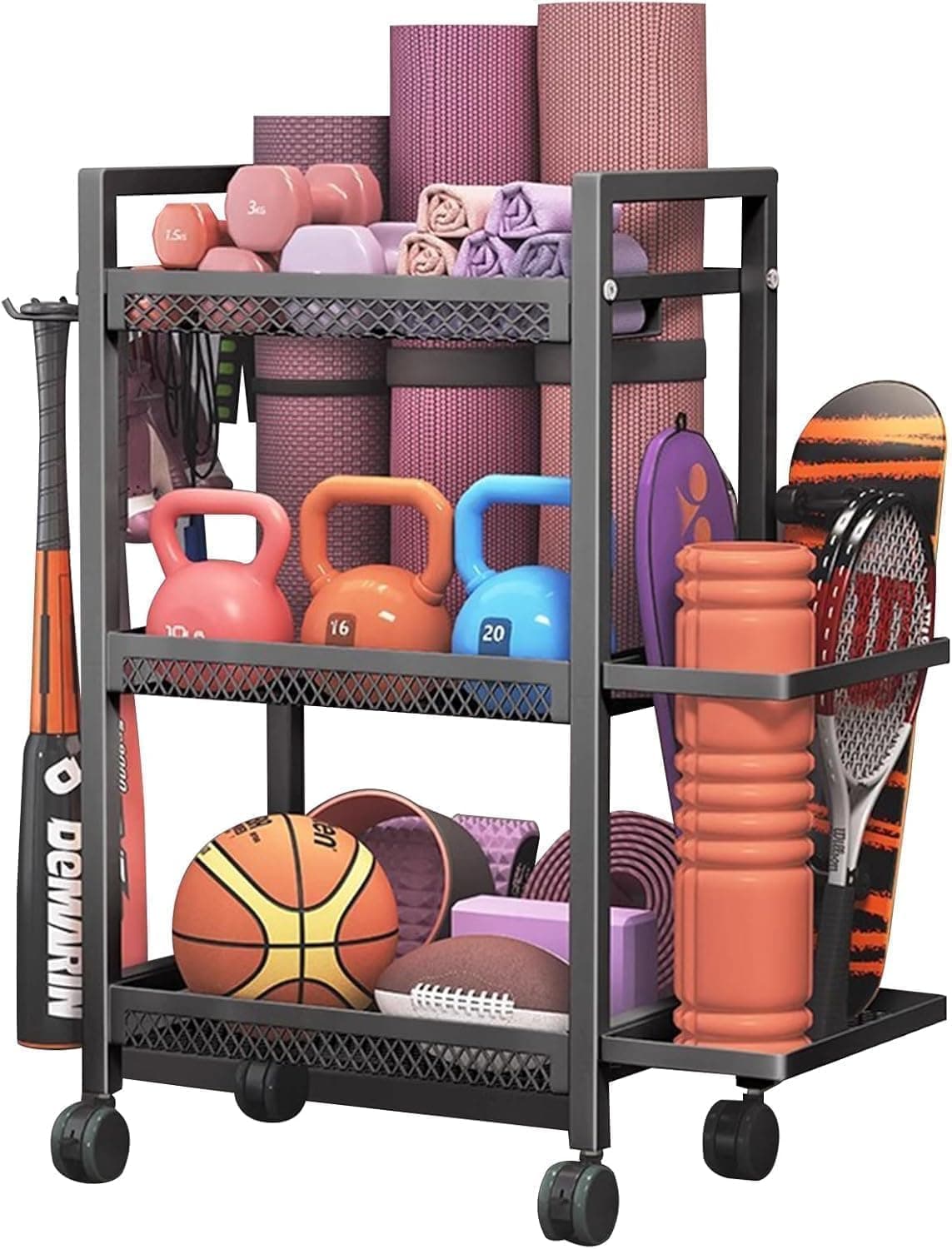 Home Gym Storage,Gym Organizer,Yoga Mat Storage Rack for Dumbbells Kettlebells Foam Roller,Yoga Strap And Resistance Bands,Workout Equipment Storage Organizer With Hooks And Wheels,46*33*98cm
