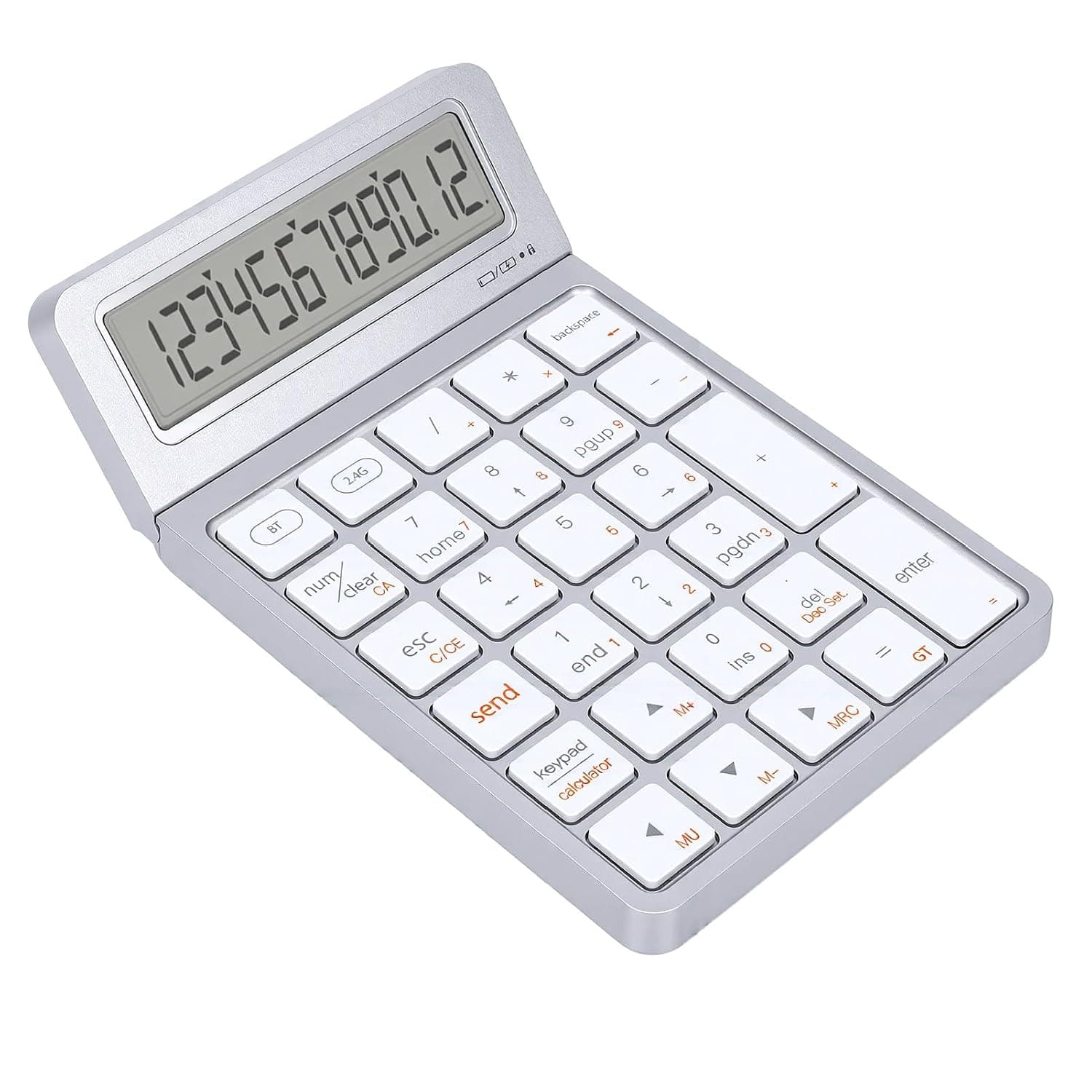 12 Digit Calculator Keypad, 2.4G Wireless Bluetooth Numeric Keypad Calculator with LCD Display for Laptop, Desktop (Silver White)