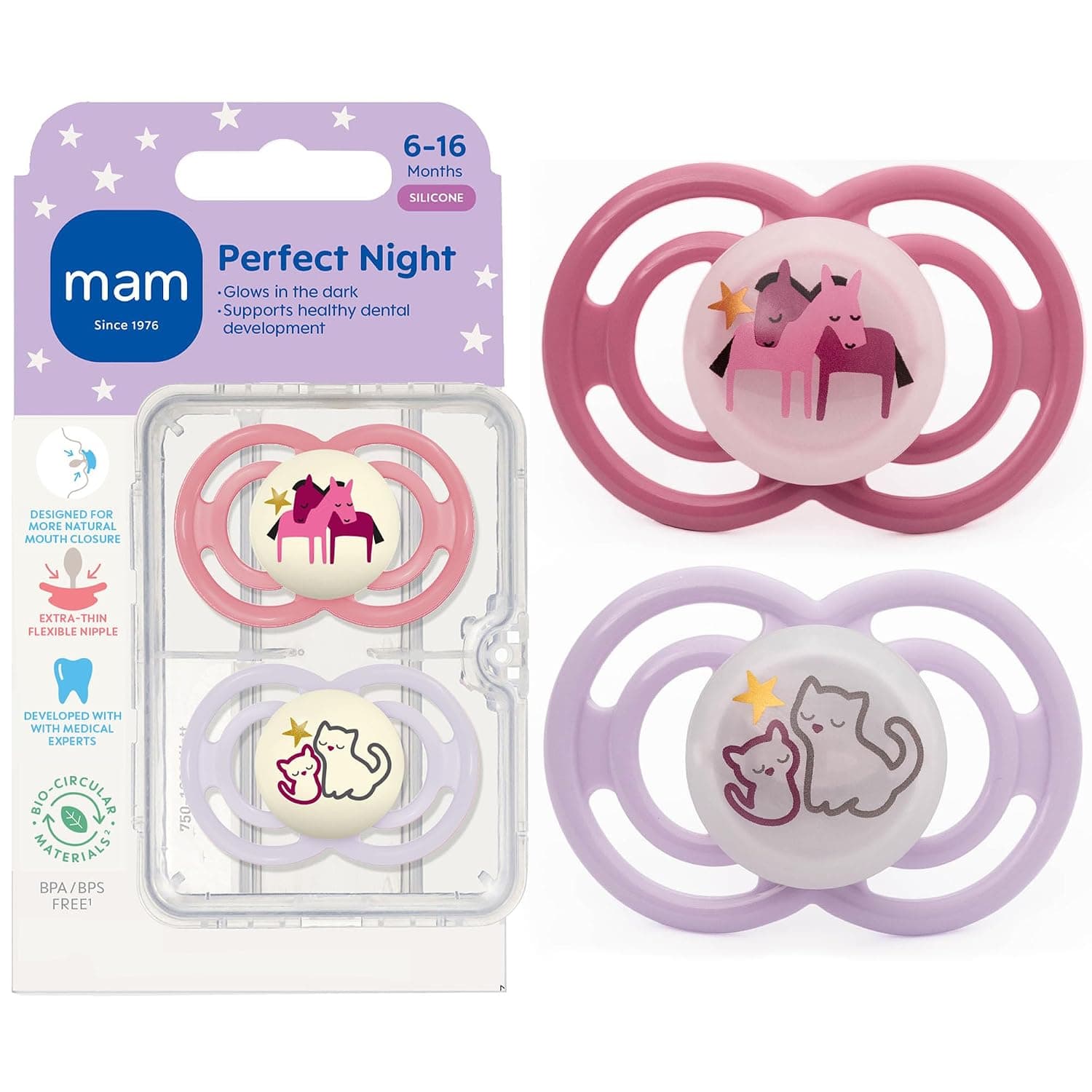 MAM Perfect Night Baby Pacifier, Patented, Glows in the Dark, 6-16 Months, Girl, 2 Count (Pack of 1)