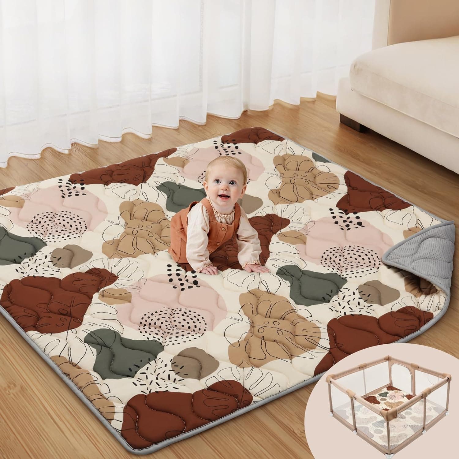 Baby Play Mats for Floor, 50x50 Play Mat for Playpen, Thicken Soft Padding Foam Playmats for Babies and Toddlers Infants, Foldable and Machine Washable Baby Crawling Mat, Boho Design