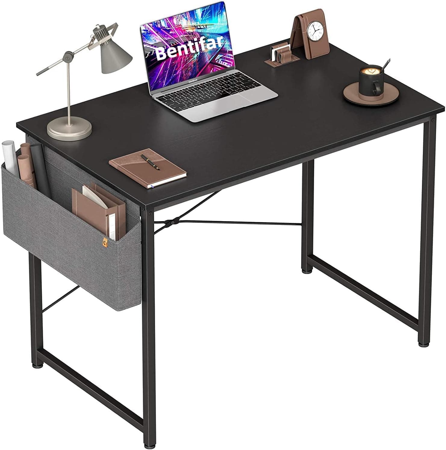 Bentifar Computer Desk 100cm Home Office Desk with Side Storage Bag, Modern Study Writing Table with Sturdy Metal Frame for Bedroom, Office, Apartment (Black, 100 x 48×74 cm)