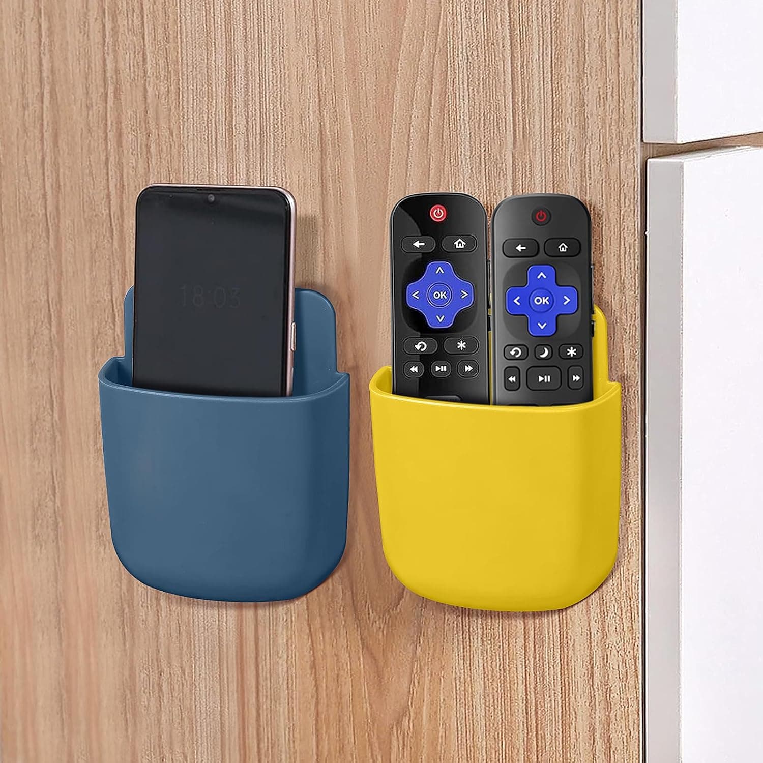 Remote Control Holder, Wall Mount Pen Holder Hole-Free Self Adhesive Phone Charging Organizer Pencil Storage Containers for Home Office School Supply Orgaizer(Blue,Yellow,2Pcs)