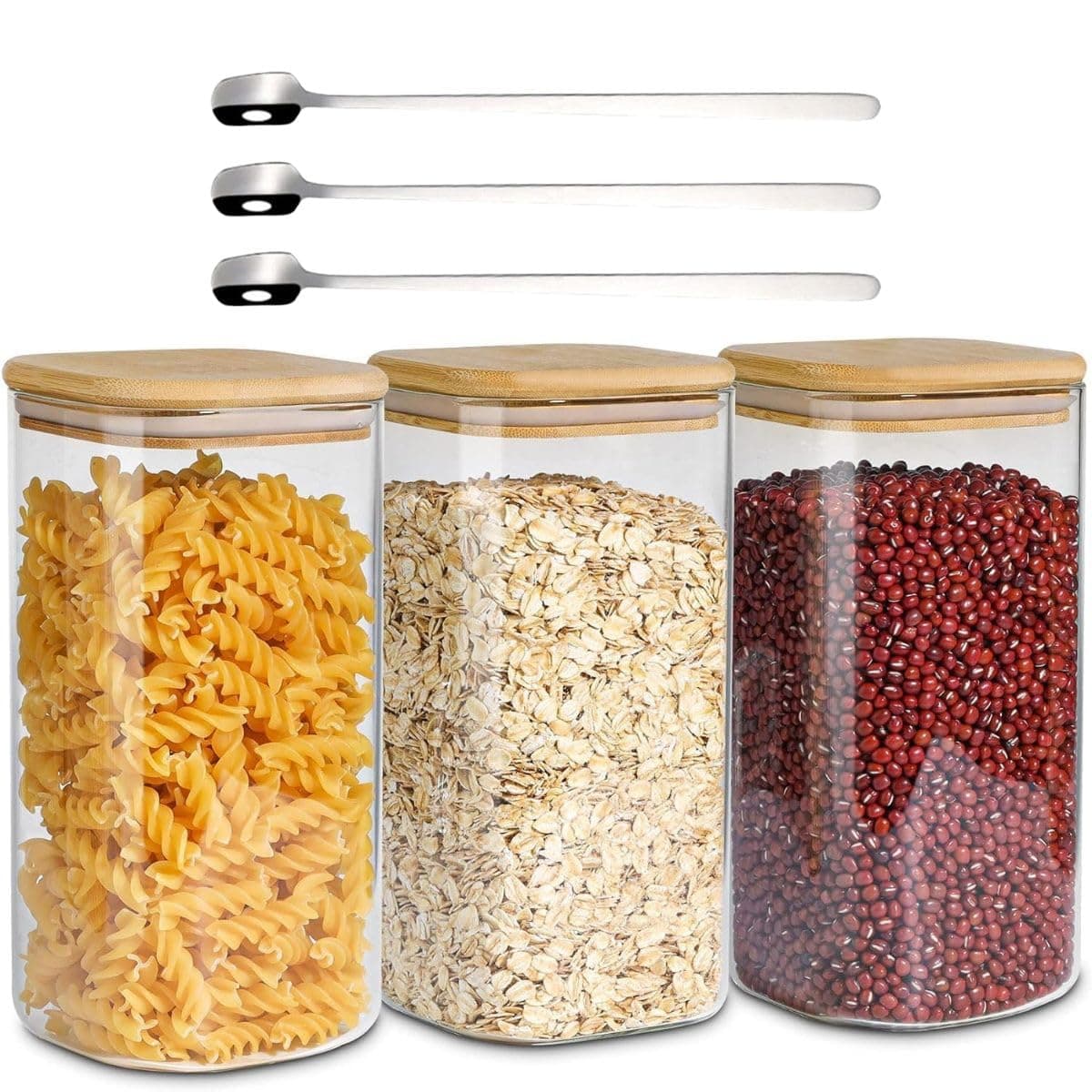 1CHASE Square Glass Storage Jar with Air tight Bamboo Lid 1500 ML (50 Oz) Set of 3, Borosilicate Kitchen Food Storage Container Set for Candy Cookie Rice Sugar Flour Pasta Nuts