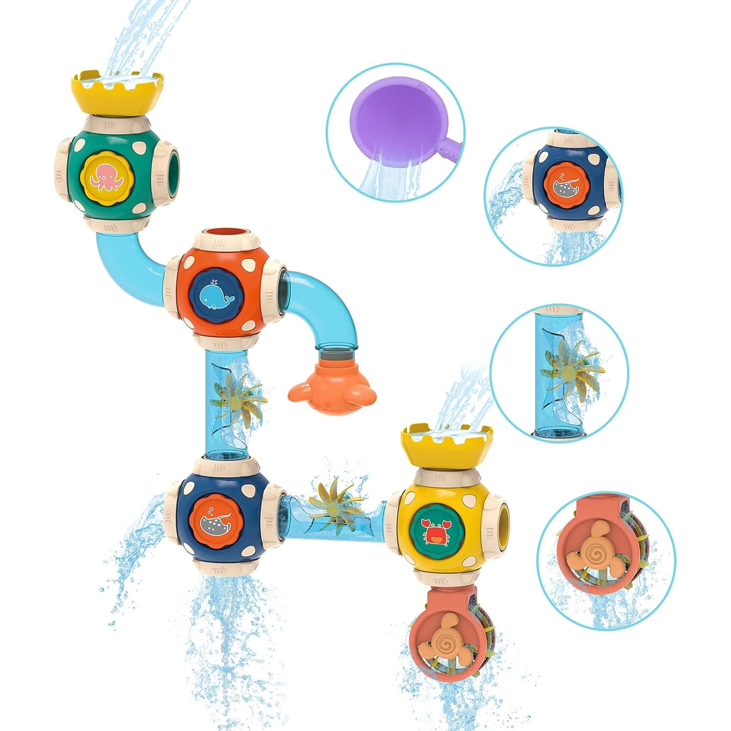 Pipe Splicing Bathroom Toy, STEM Baby Bathtub Toy with DIY Pipe Tubes, Cubes,Spoon, Lovely Cute Bathroom Time Spray Waterfall Shower Toy, Great Gifts for Toddlers Boys Girls 3 Years and up