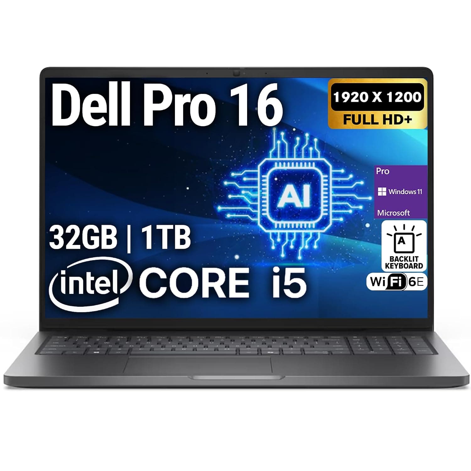 Dell Pro 16 PC16250 (Replaces Latitude 3550) 16” FHD+ Display Business Laptop, Intel 10 Core i5-120U, 32GB DDR5 RAM, 1TB SSD, WiFi 6E + BT, Backlit Keyboard, HD Webcam, RJ-45, Win 11 Pro