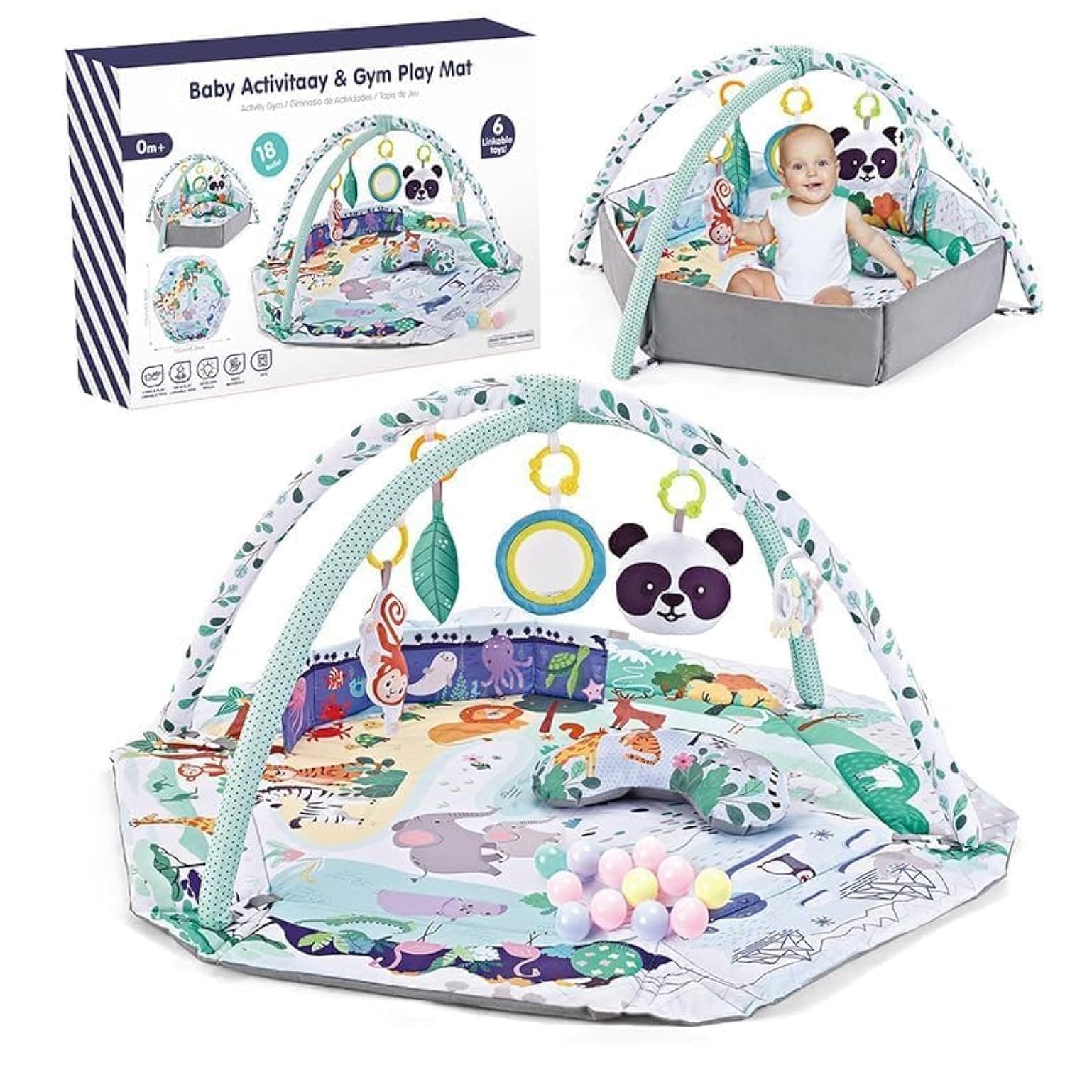Soofam Baby Gym Play Mat, Tummy Time Mat Toddler Activity Mat for Infants Boys & Girls, Baby Floor Play Mat Gym Mat with Detachable Toys for Stage-Based Sensory and Motor Skill Development