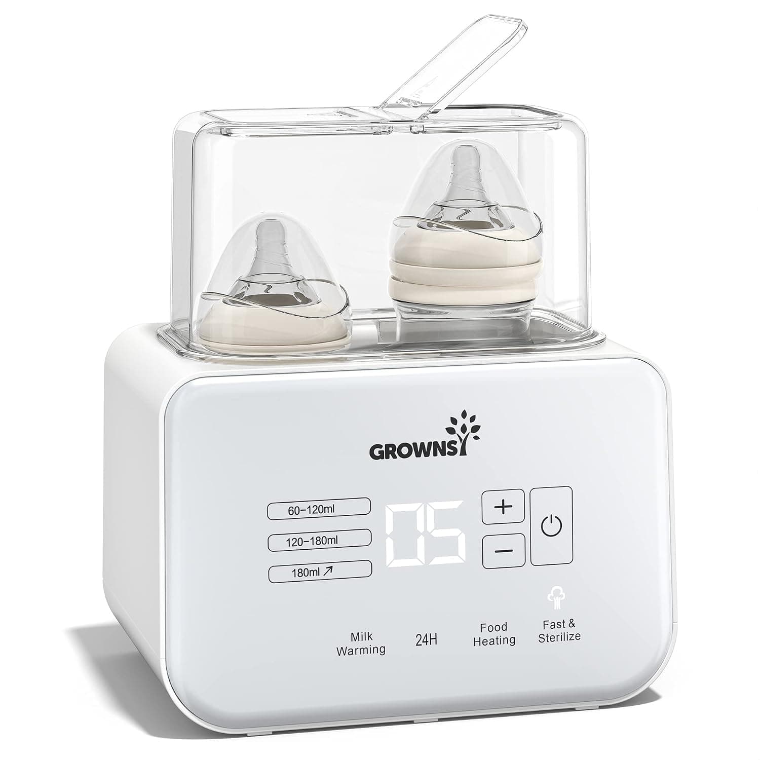 GROWNSY Baby Bottle Warmer, 8-in-1 Fast Milk Warmer with Timer Breastmilk or Formula, Fits 2 Bottles, Accurate Temperature Control, with Defrost, Sterili-zing, Keep, Heat Baby Food Jars Function