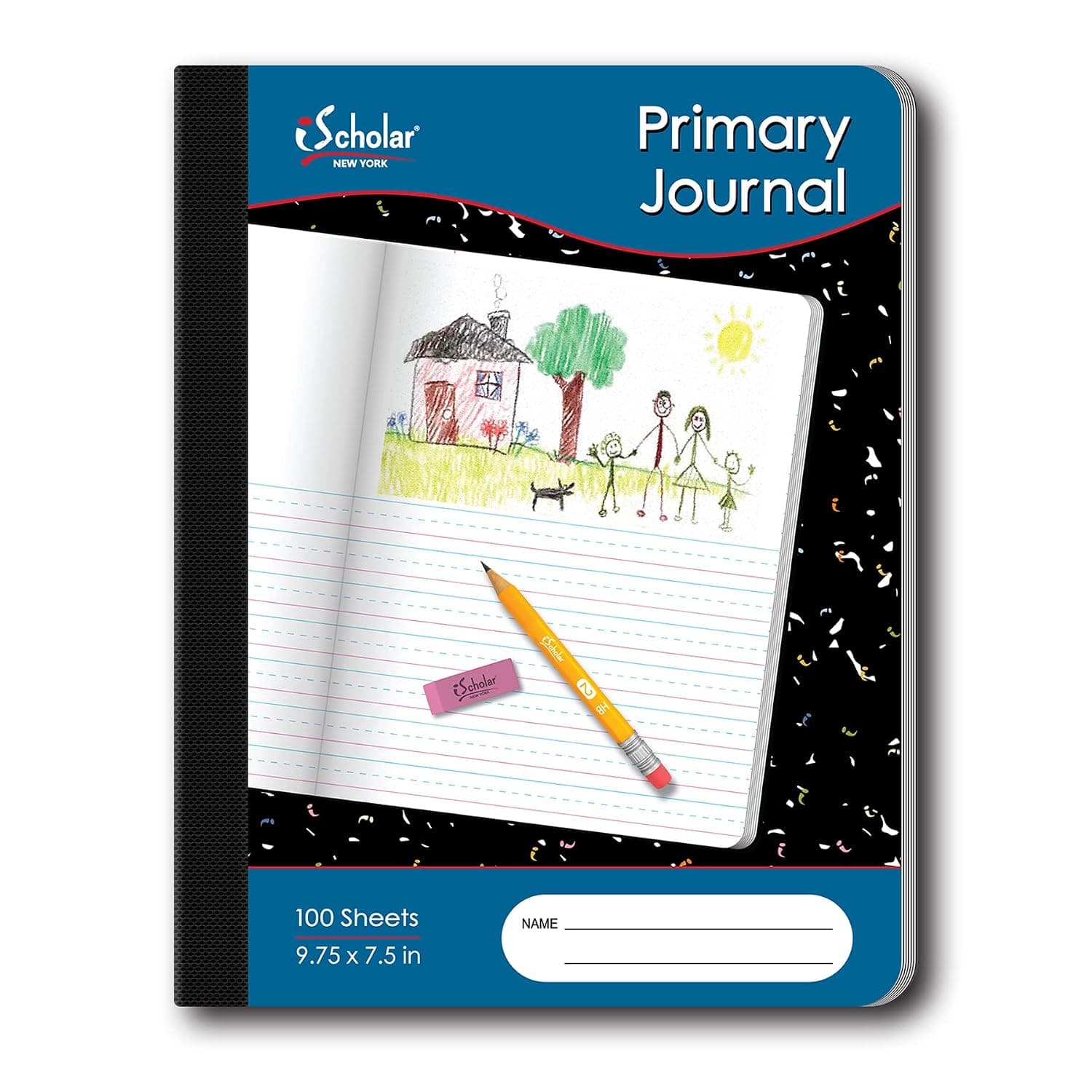 iScholar Primary Composition Book, Journal, Unruled Top, 5 Inch Ruled Bottom Half, 100 Sheets, 9.75 x 7.5 Inches, Black Marble (10116)