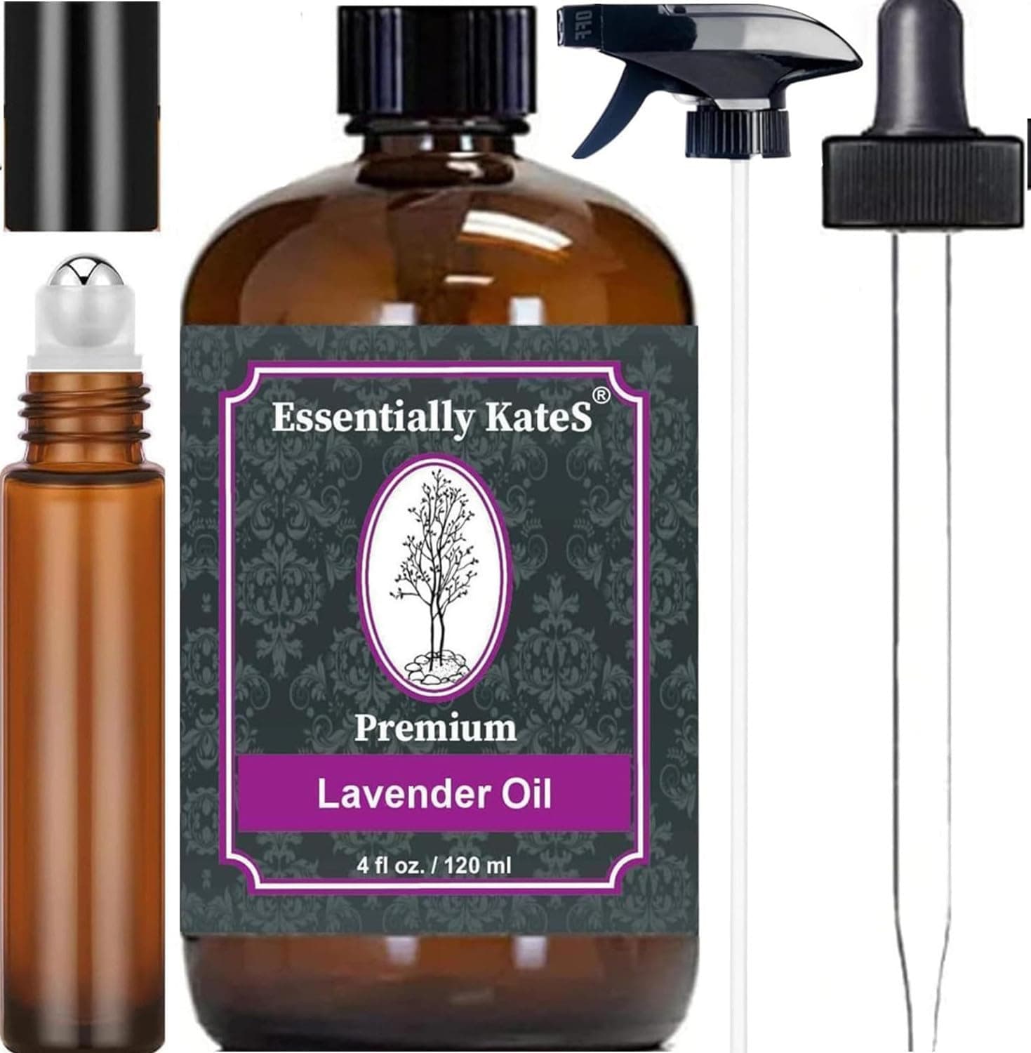 Essentially Kates Lavender Oil - 100% Pure and Natural, Therapeutic Grade with Glass Dropper and Roll-on Bottle