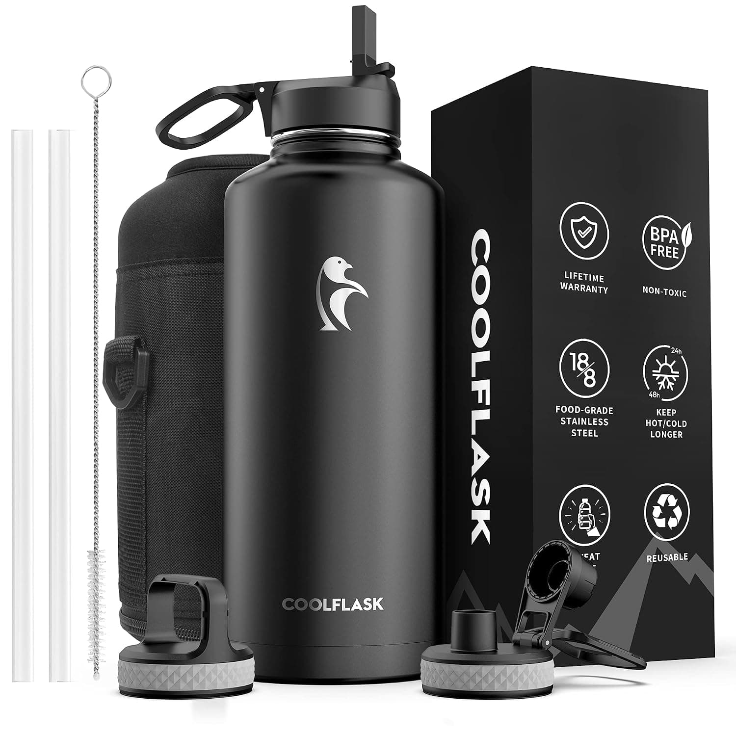 Coolflask Insulated Water Bottle with 3 Lids, 2.5 Liters, Magic Black