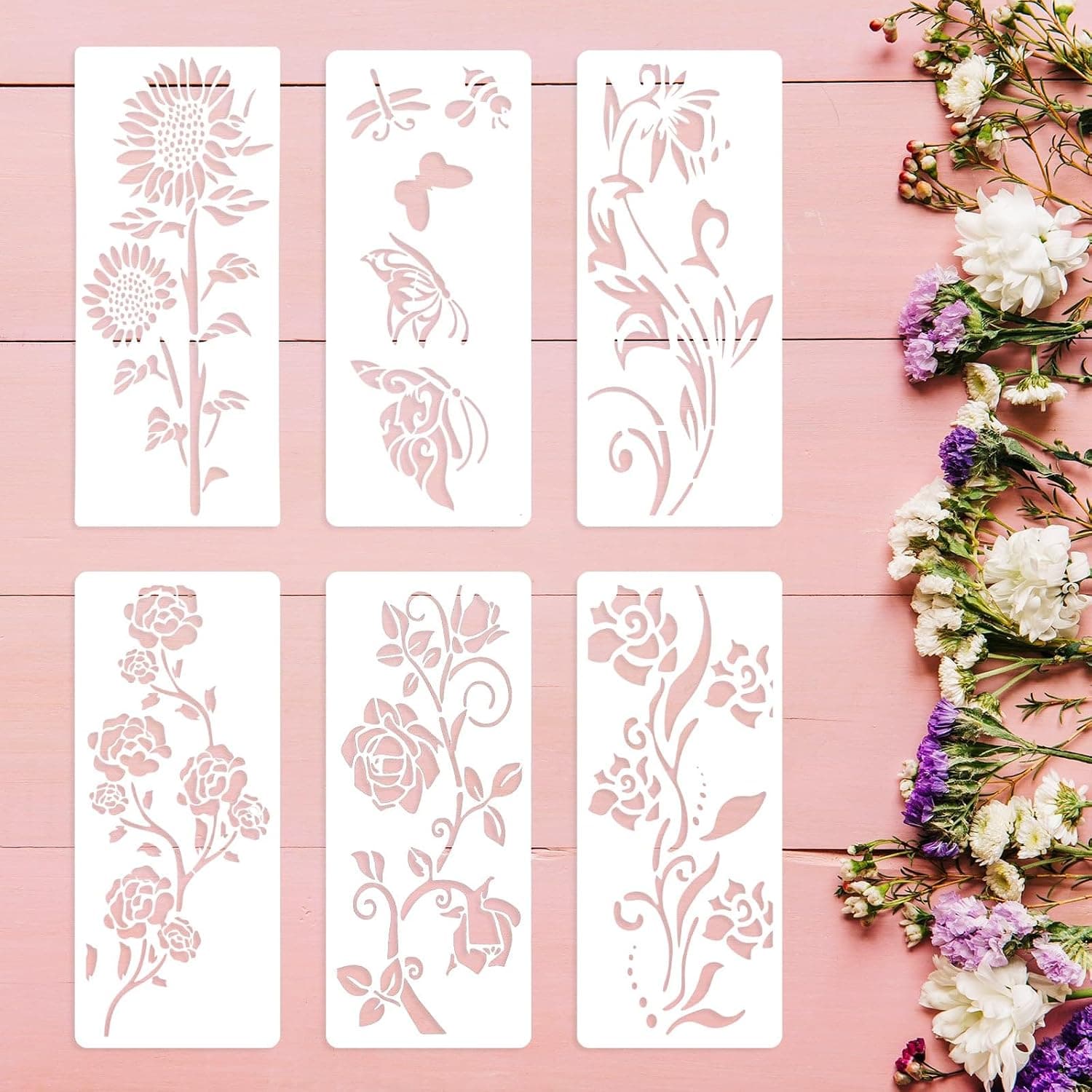 Large Flower Stencils for Painting, 6PCS 12 x 6 Inch Stencils for Crafts Reusable, Drawing Templates for Decorating Furniture, Fence, Walls, and Windows, Large Painting Stencils for Home Decor