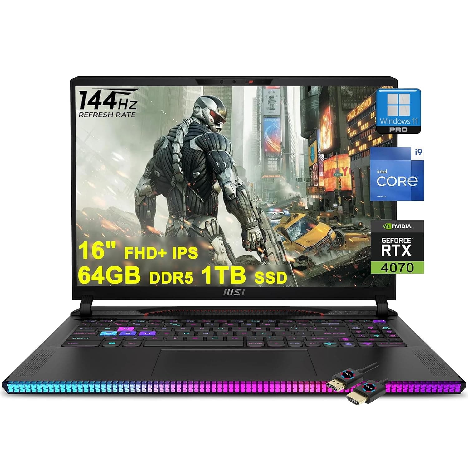MSI Raider GE68HX Gaming Laptop | 16" FHD+ IPS 144Hz | Intel 24-core i9-14900HX | 64GB DDR5 1TB SSD | GeForce RTX 4070 | RGB Backlit Thunderbolt4 Dynaudio FHD IR Privacy Camera Win11Pro + HDMI Cable