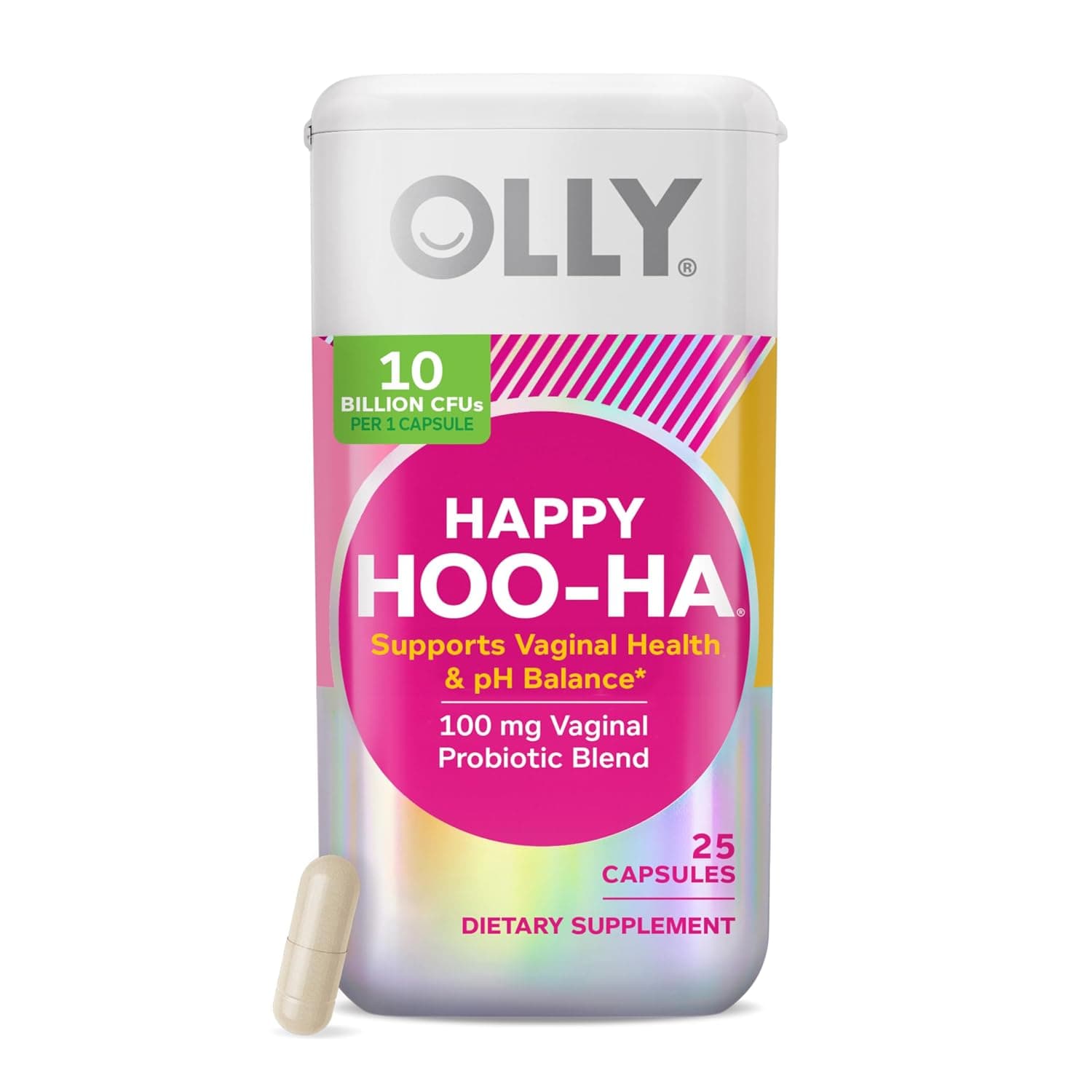 OLLY Happy Hoo-Ha Capsules, Probiotic for Women, l Health and pH Balance, 10 Billion CFU, Gluten Free - 25 Count (Packaging May Vary)