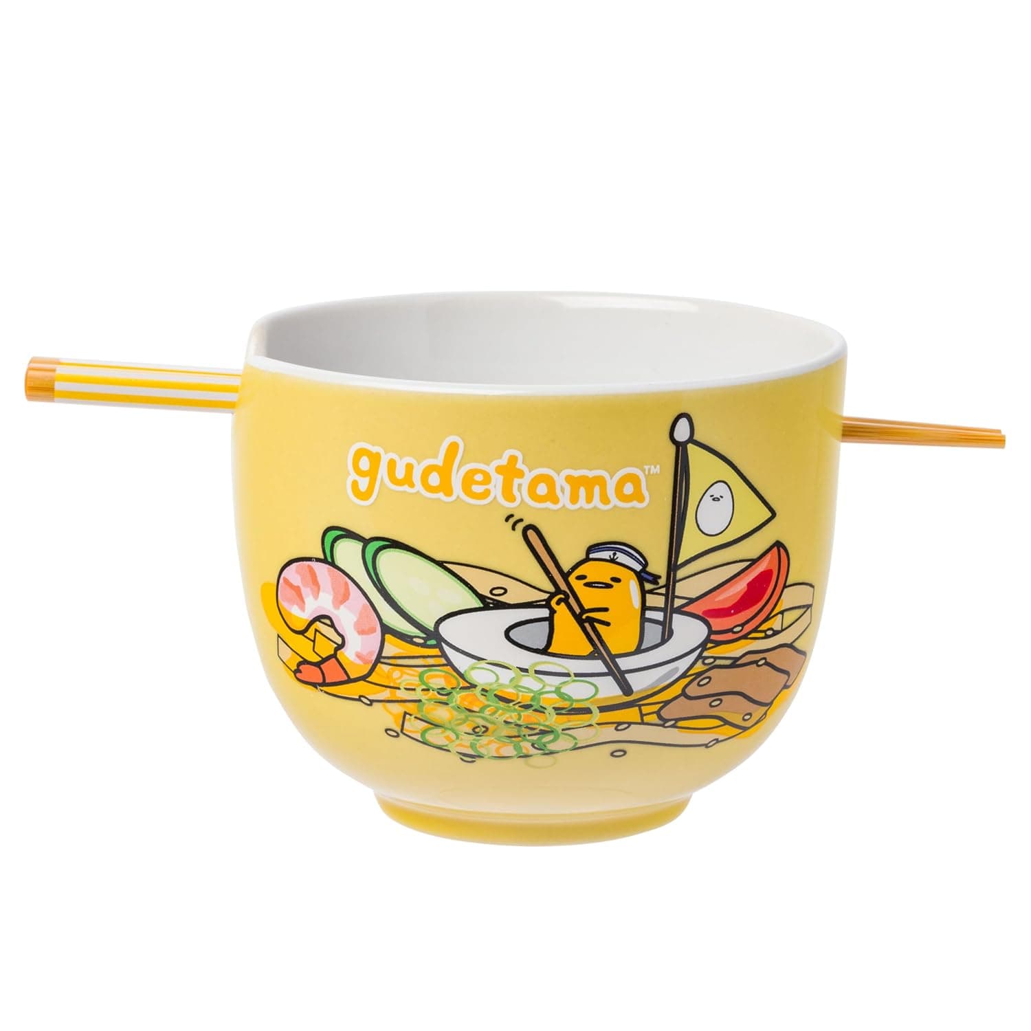 Silver Buffalo Sanrio Hello Kitty and Friends Gudetama Lazy Egg Sailing In Ramen Ceramic Ramen Noodle Rice Bowl with Chopsticks, Microwave Safe, 20 Ounces
