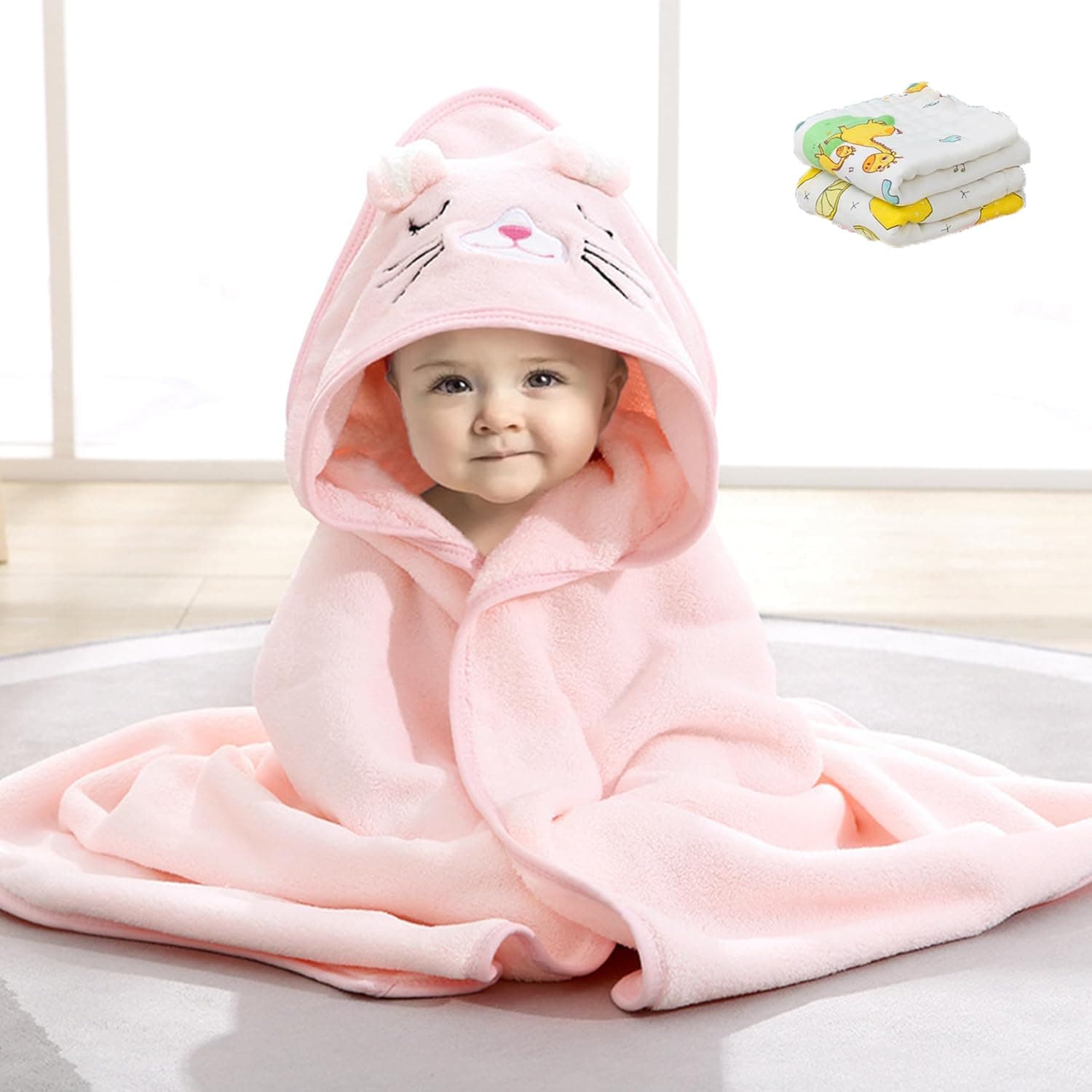 Hooded Baby Towel with 2 Towel for Kids, Premium Soft Bath Towel for Baby, Newborn,Infant, Natural Baby Stuff Towel, Soft Coral Bath Towel for Boys and Girls 80x80cm (Pink)