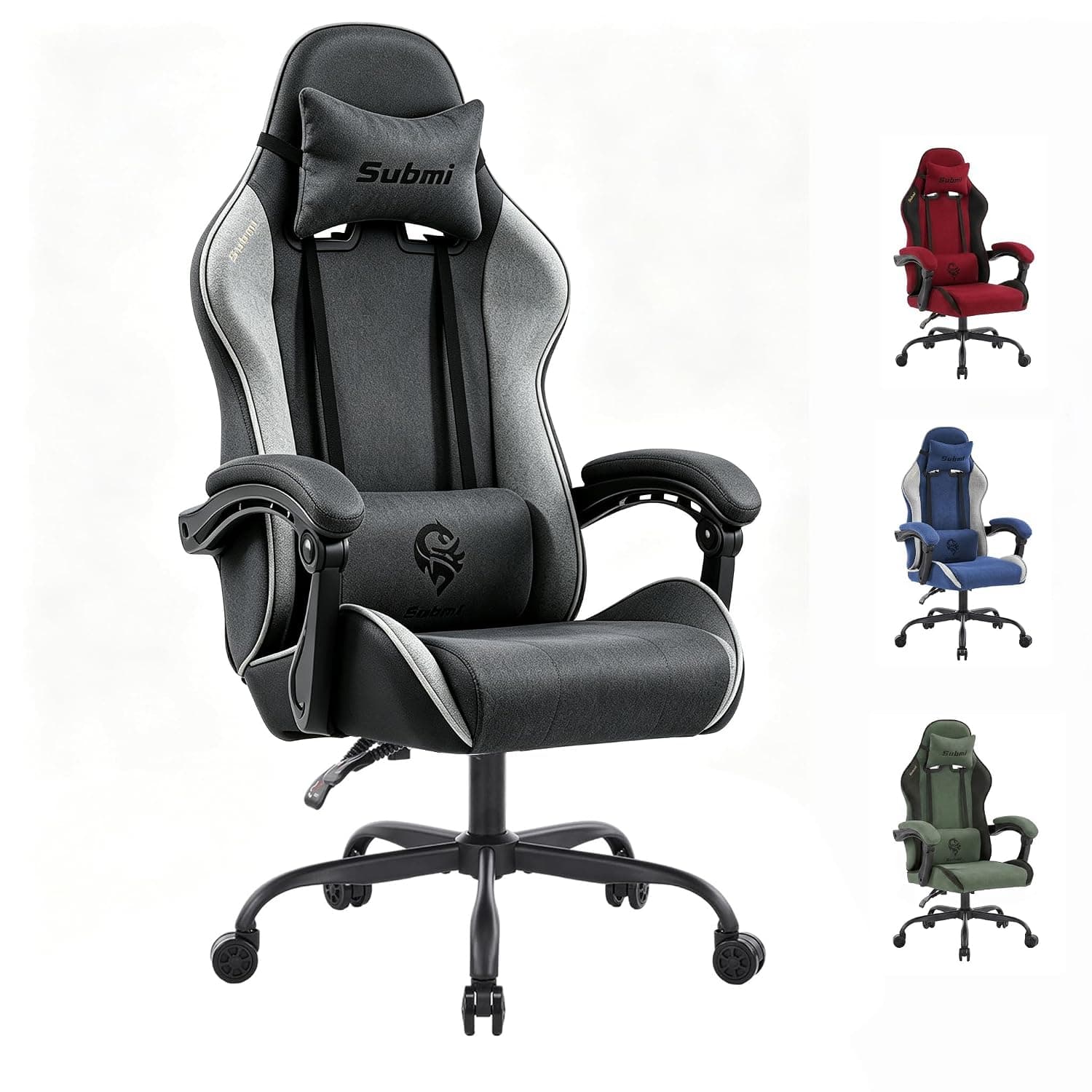 Gaming Chair, Gaming Chairs for Adults, Ergonomic Fabric Computer Chair, Reclining PC Gamer Chairs with Headrest and Lumbar Support, Height Adjustable Office Chairs for Home, 150KG, Grey Black