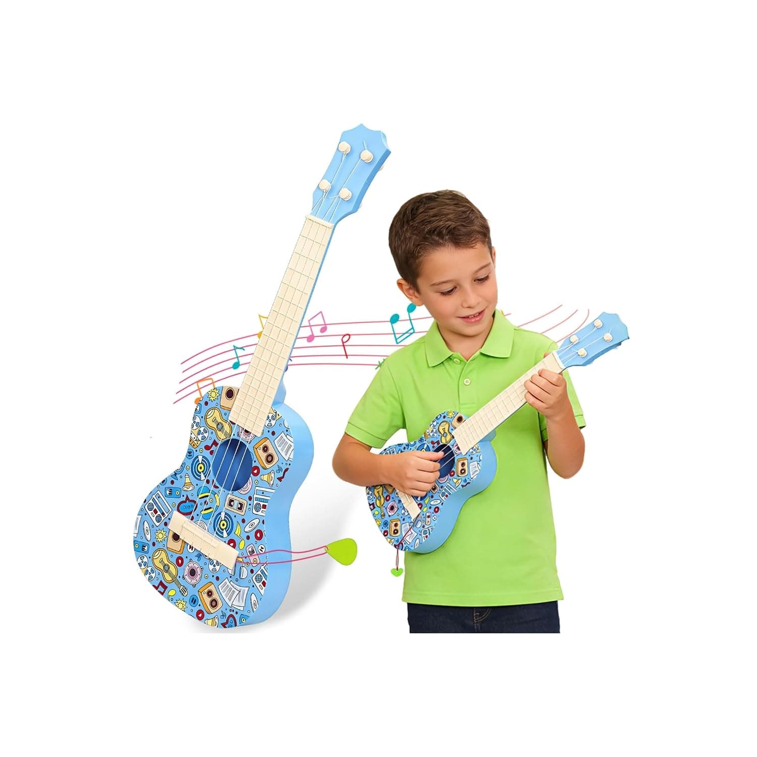 Andanna 21inch Colorful Graffiti Ukulele Guitar for Kids, 4 Strings Kids Guitar Ukulele Musical Instruments Learning Educational Toys with Picks for 3-12 Toddler Boys Girls (Blue)