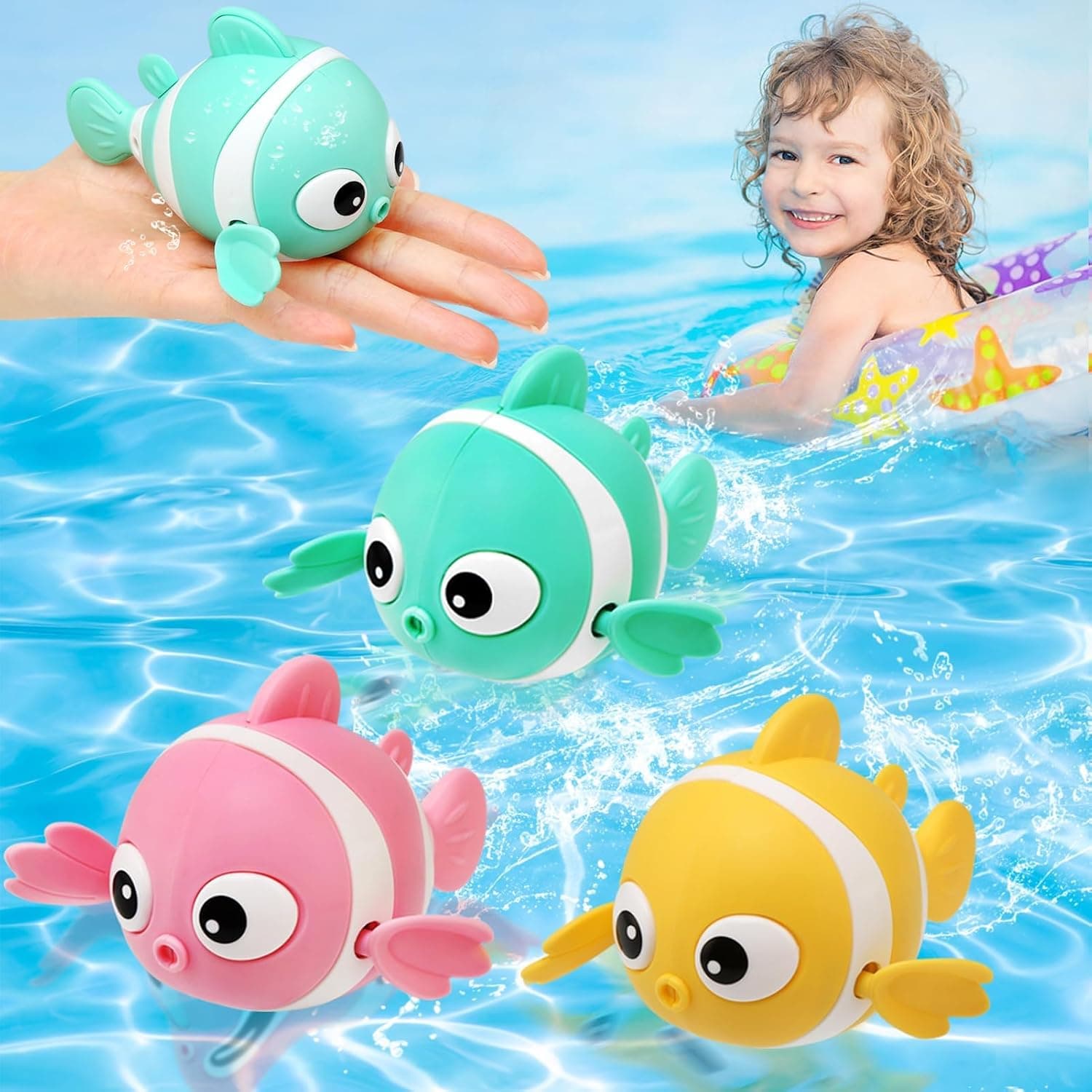 Baby Bath Toys, Wind-Up Paddling Pool Toys for 1-3 Year Olds, Floating Swimming Clownfish, Clockwork Water Toys Game for Kids, Toddler Girls and Boys, Bath Time Shower Gifts