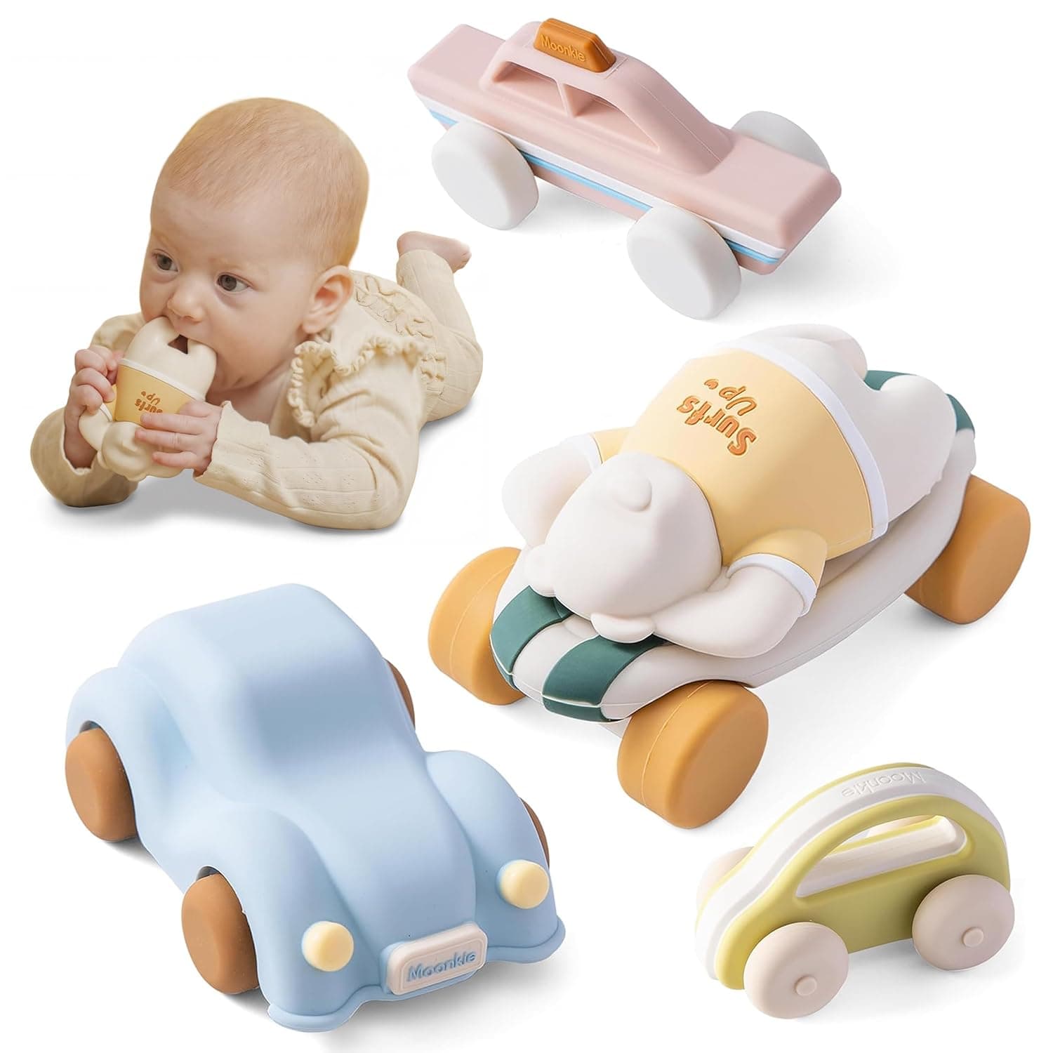Moonkie Silicone Toy Cars for Babies, 5-Pack Push-and-Go Teething Toys, 6M+ | Soft Food-Grade Silicone, Easy-Grip Bodies, Smooth-Rolling Wheels , Crawling Play, Dishwasher Safe, Gift for Boys & Girls