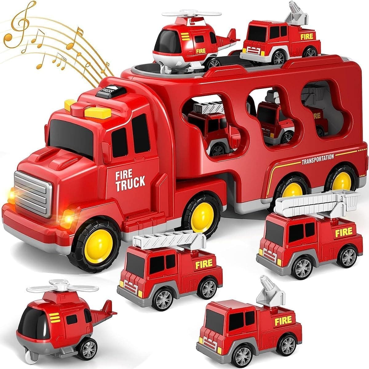Soofam Transport Truck Toys Car for 3 4 5 6 Year Old Toddlers Boys, 5 in 1 Fire Rescue Vehicles Toys Set w/Light and Sound for Toddlers 1-3, Carrier Truck Toys Car Toy Set for Boys Girls 3-9 Year Old