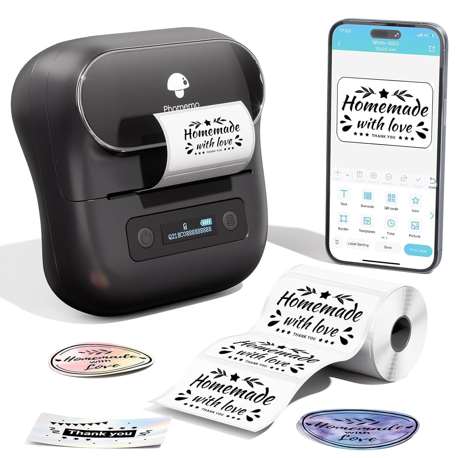 Phomemo Label Maker,M220 Label Printer,3 Inch Bluetooth Thermal Label Maker Machine with 6000+ Icons,700+ Templates,400+ Fonts,for Kids School Items,Small Business,Large Sticker