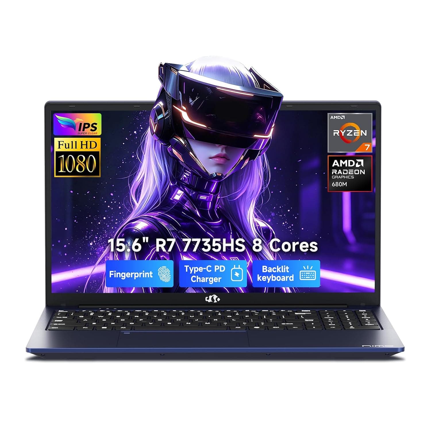 NIMO 2025 Laptop, 8 Cores R7 7735HS 32GB DDR5 RAM 1TB SSD (Up to 4.75GHz, Beat i7-12650H) Gaming Laptop with Radeon 680M GPU, 15.6" IPS FHD, 180° Open Angle, Webcam, Type-C, Portable for Business