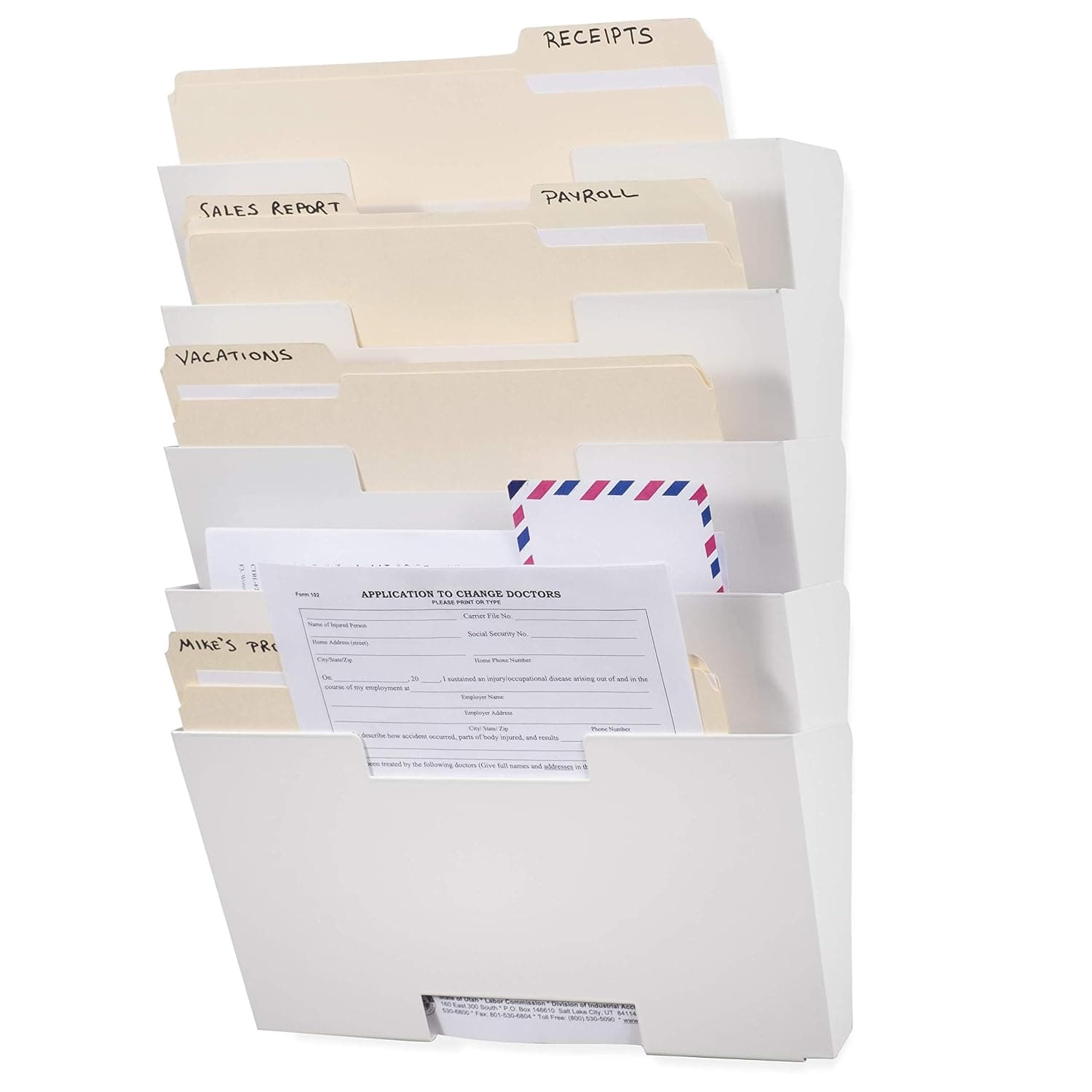 Wallniture Lisbon White Wall Mounted Steel File Holder - Organizer Rack 5 Sectional Modular Design Letter Size 13 Inch - Multi-purpose Organizer Display Magazines - Sort Files and Folders