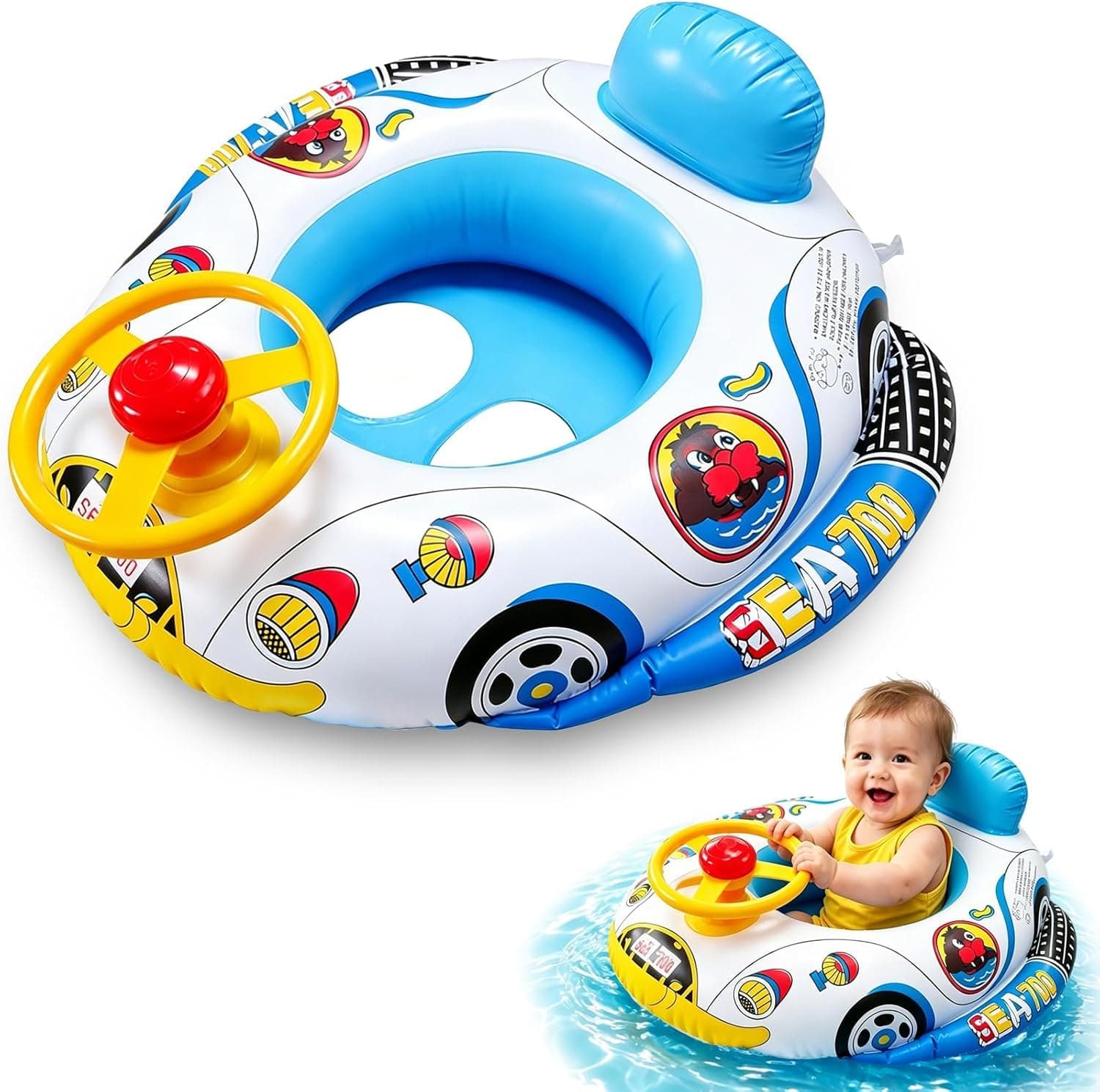 Kids Swimming Float, Inflatable Baby Float Baby Swimming Ring, Baby Pool Float with 3D Car Design and Safety Seat, Fun Water Toys Bathing Accessories for Age 1-4 Babies Toddlers Kids Infant