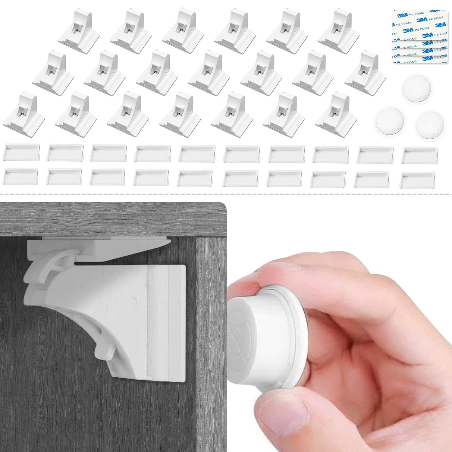 ROTOPATA 20 Pack Baby Proofing Magnetic Cabinet Locks Child Proof Safety Latches for Cupboard Drawer Kitchen Door, Invisible Installation Without Screws for Toddlers Kids (3 Keys & 20 Locks)