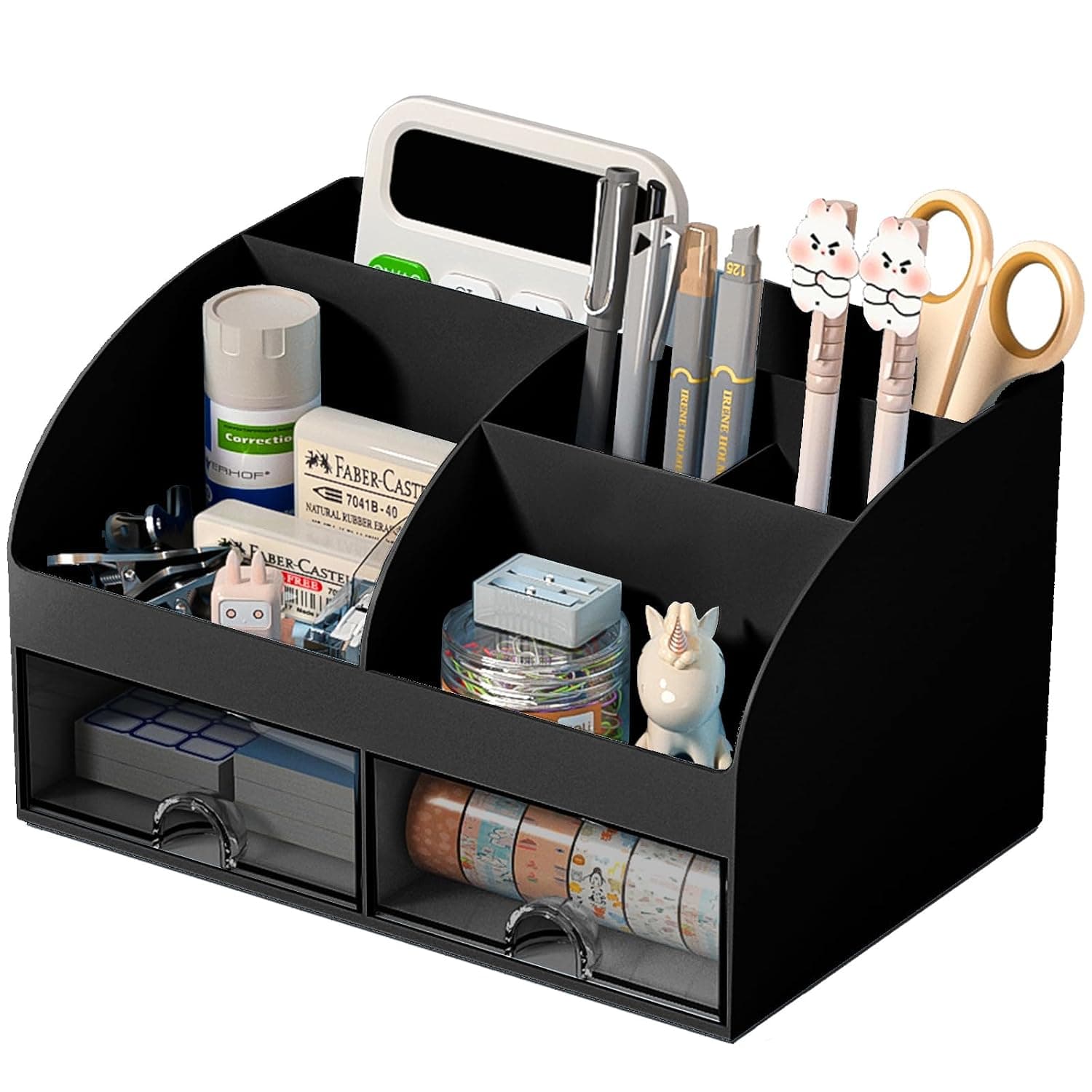 Desk Organizer with 6 Compartments and 2 Drawers, Plastic Makeup Organizer, Pen Holder for Desktop Storage, Desk Organization for School, Home, Office Supplies (Black)