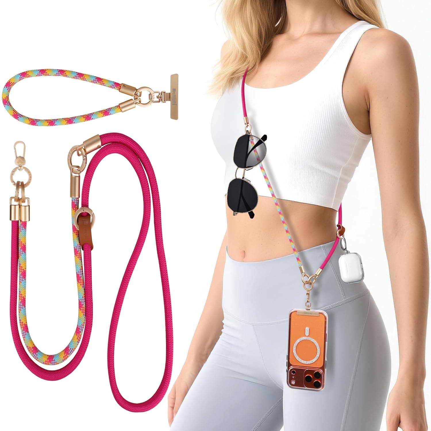 Memumi Smartphone Strap, Shoulder Strap, 3-Way, Convenient for Commuting to Work, Going Out, Neck / Cross Body / Wrist, Compatible with All Models, Includes Metal Hooks for Hanging Keys and Sunglasses
