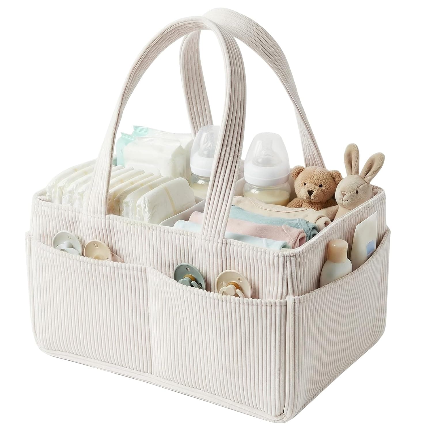 Baby Diaper Caddy Organizer for Changing Table, Portable Corduroy Nappy Storage Basket with Handle, Newborn Essentials Must-Haves, Baby Shower Gifts for Boys Girls Nursery Car Storage Bag (Beige)