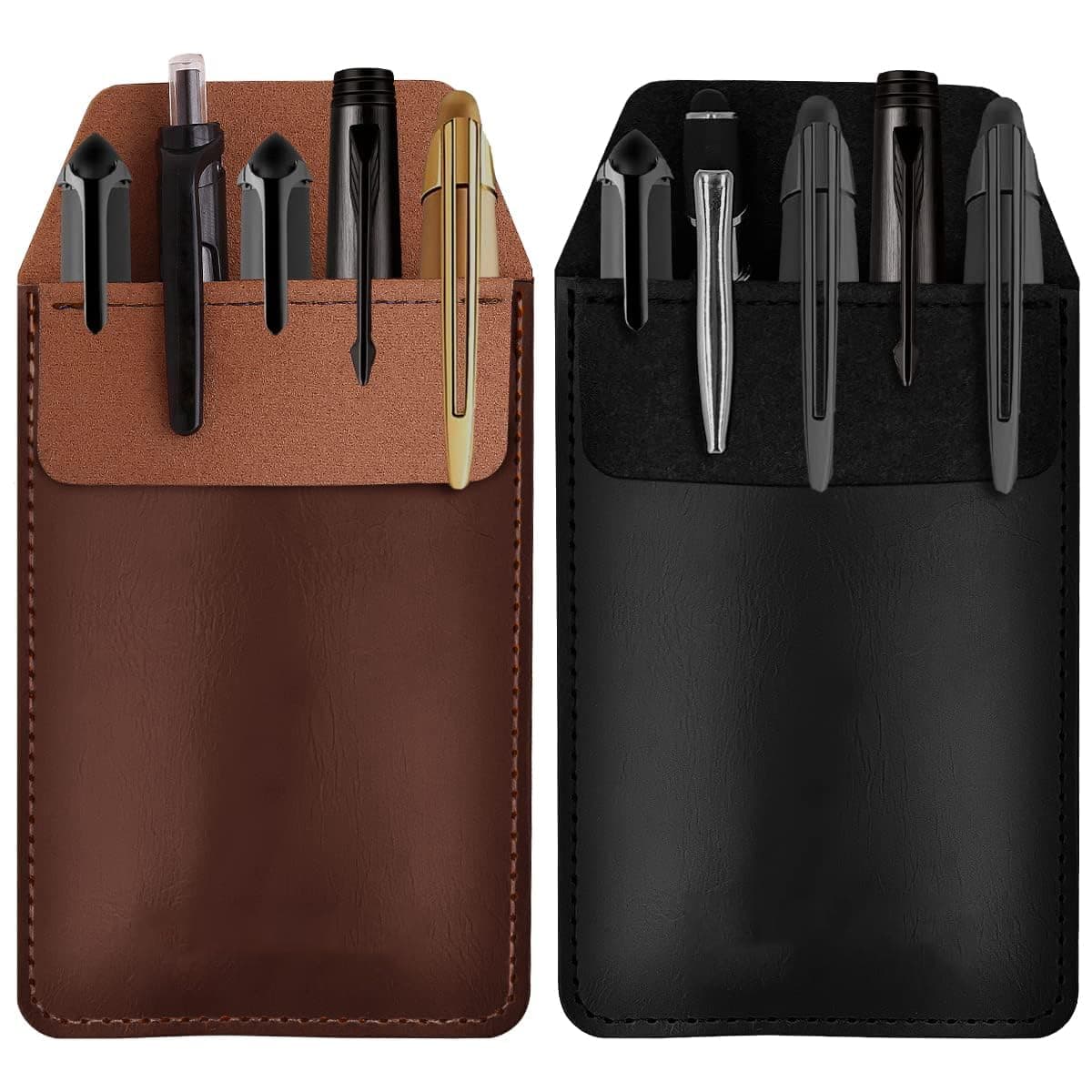 Pocket Protector, 2 Pieces PU Leather Pocket Pen Holder Organizer, Pouch for Shirts Lab Coats Pants Pen Sleeve MultiPurpose Pen Pocket Holds Pens Pointers Pencils and Notes Card (Brown, Black)