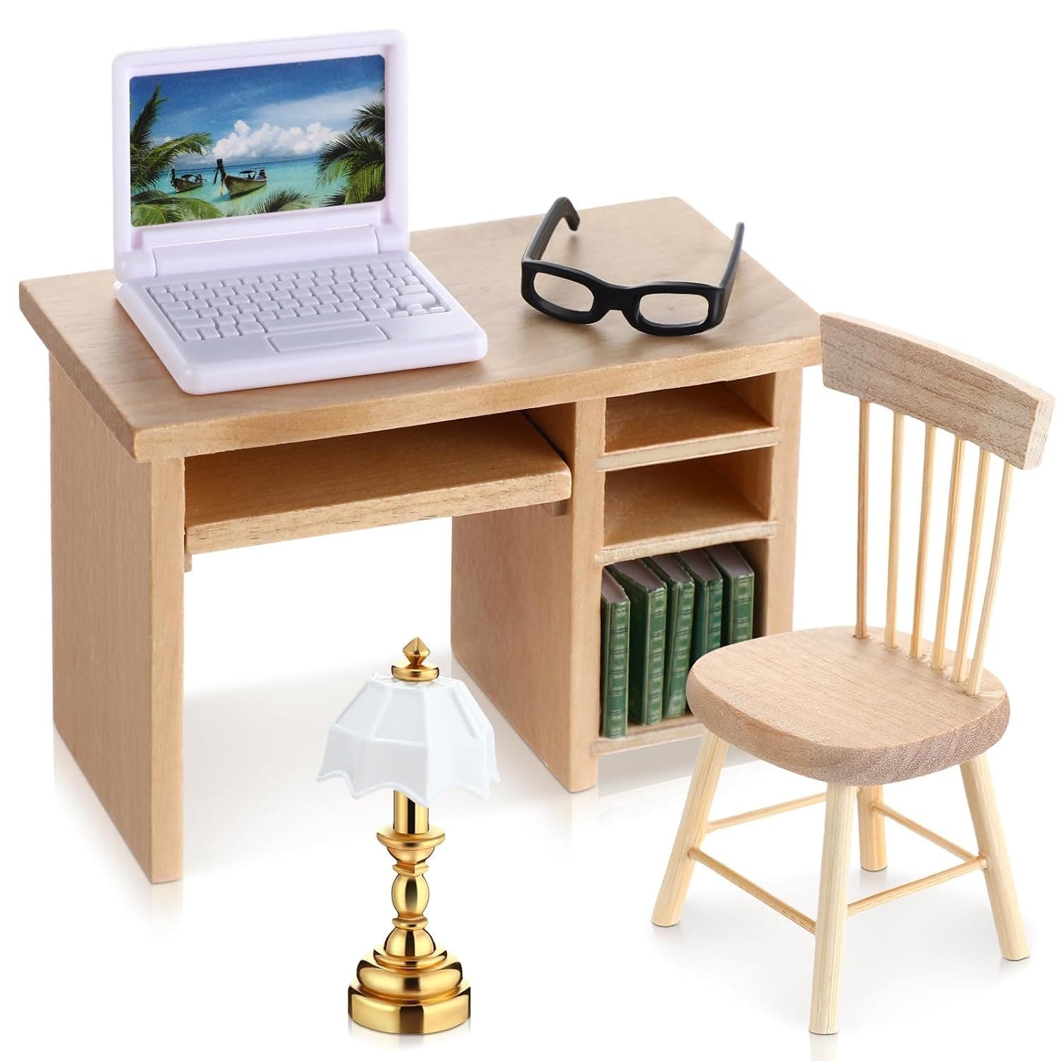 10 Pcs Miniature Dollhouse Furniture, Realistic 1/12 Scale Wooden Office Desk, Mini Laptop, Books, Accessories, for Dollhouse Study Room, Tiny Furniture for Dollhouse Decoration Collectors