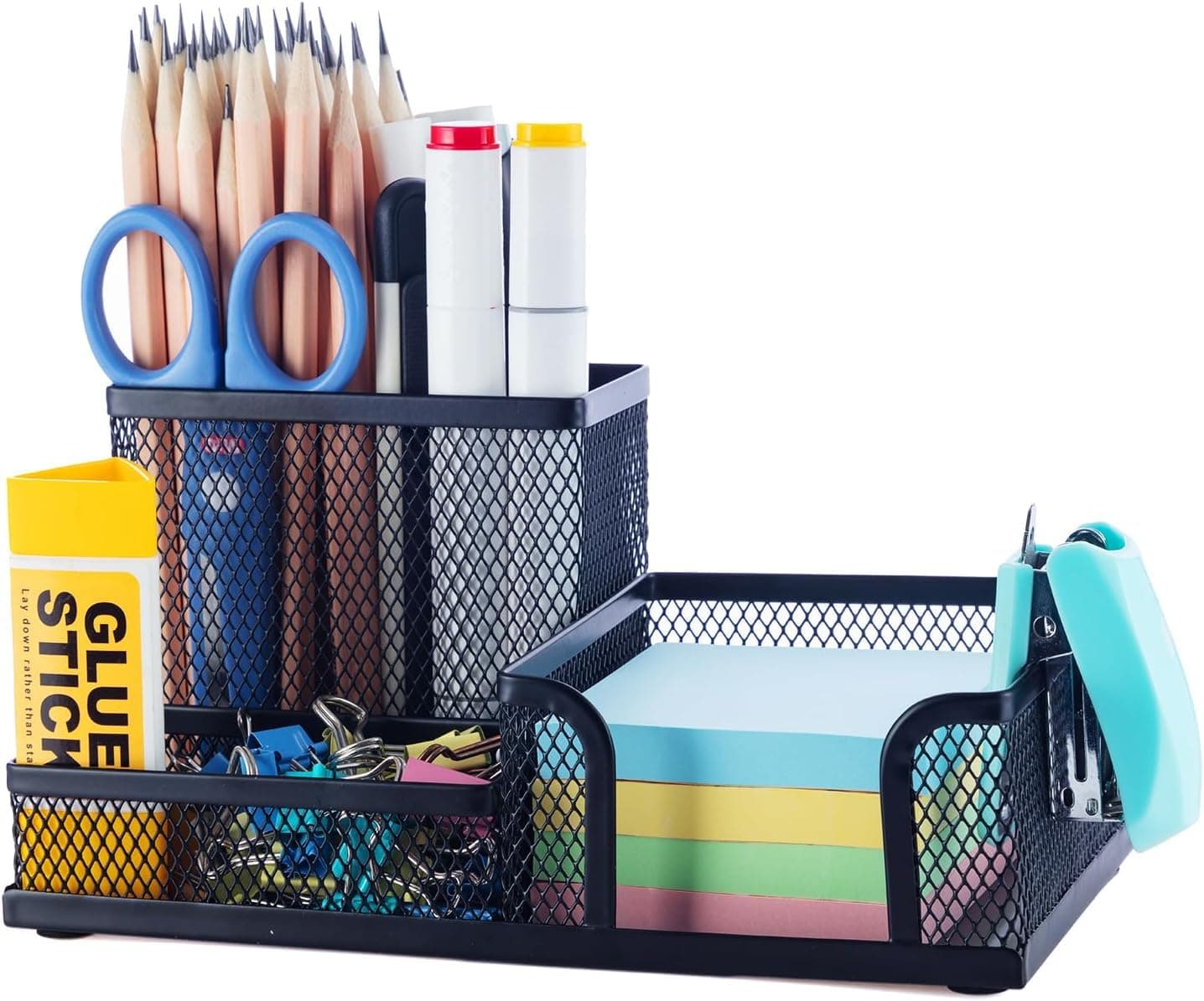 YelaJoy 3-Compartment Mesh Desk Organizer, 8"Compact Steel Wire Caddy, Non-Slip Rubber Base, Metal Wire Pen Pencil Holder, Office Supplies Caddy for Home/School/Work Desktop Accessories, Black