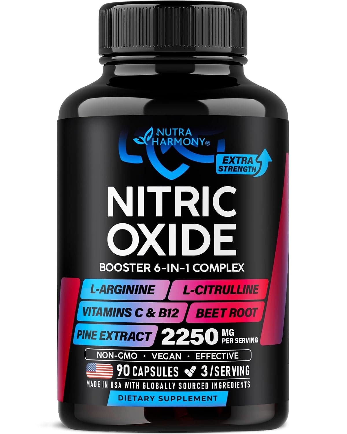 NUTRAHARMONY Nitric Oxide Supplement for Men & Women 2250mg - Nitric Oxide Booster - Pine Bark | L-Arginine | L-Citrulline | Beetroot | Vitamins C & B12 - Muscle