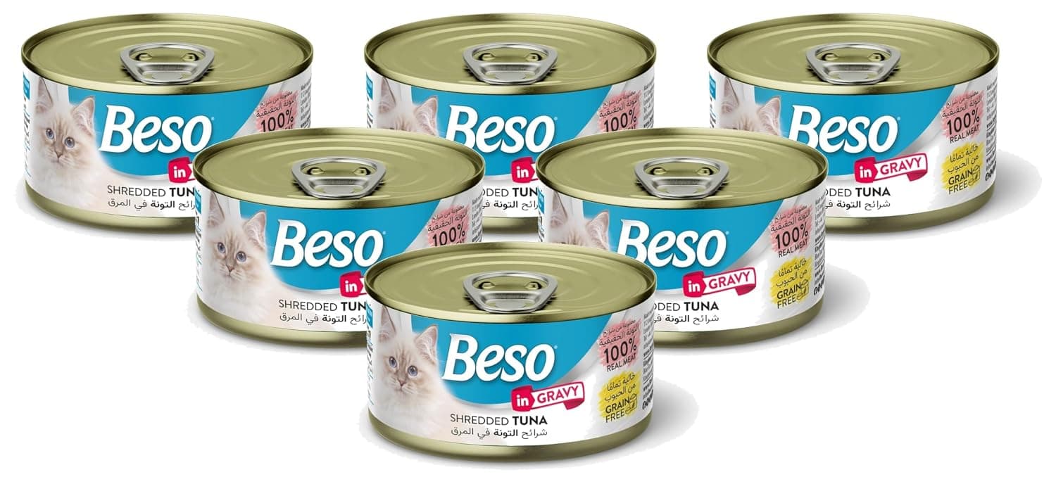 Beso Shredded Tuna in Gravy for Adult Cats, Grain-Free Wet Cat Food | 100% Real Meat | 6 × 85g