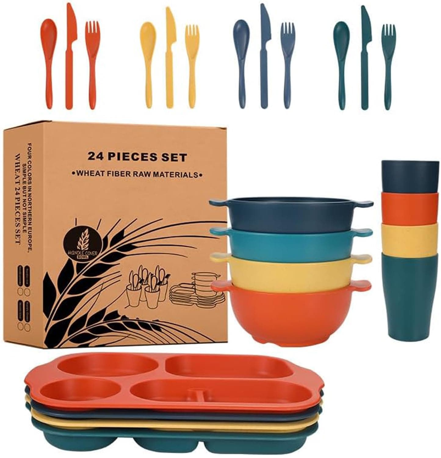 Tazweeq Wheat Straw Dinnerware Set of 4, Microwave/Dishwasher-Safe Unbreakable Tableware Plate Bowl Cup Set, Reusable Cutlery for Kids Aldult Home School Picnic (24 Pcs)