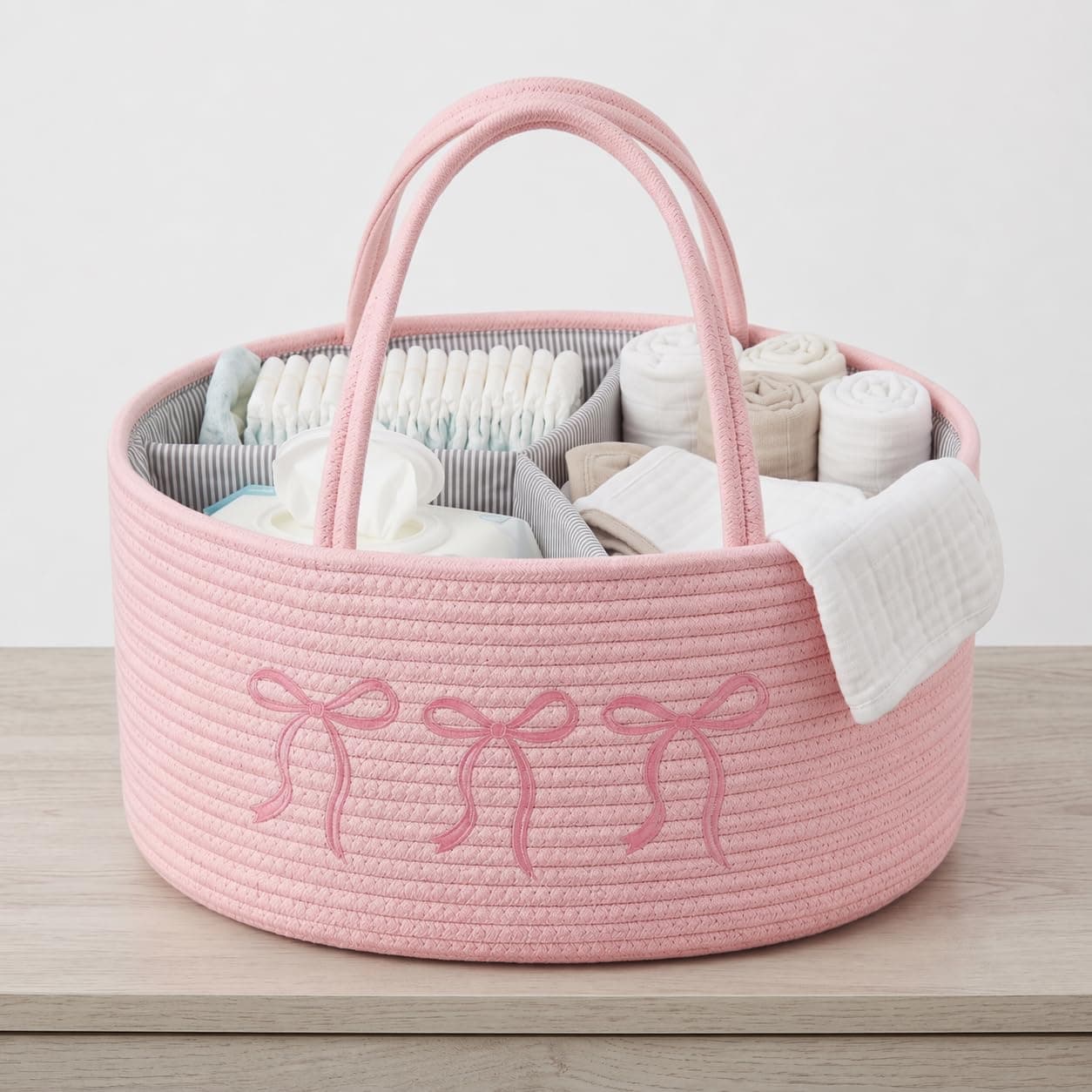 Baby Caddy Organizer, Cotton Rope Baby Diaper Caddy with 3 Compartments Hand-Braided Pink Nursery Storage Basket with Bow Embroidery Newborn Essentials Gift (Pink)