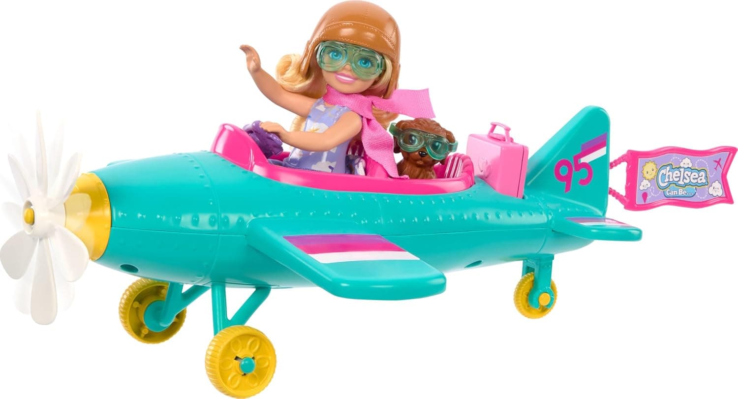 Barbie Chelsea Can Be… Plane Doll & Playset, 2-Seater Aircraft with Spinning Propellor & 7 Accessories