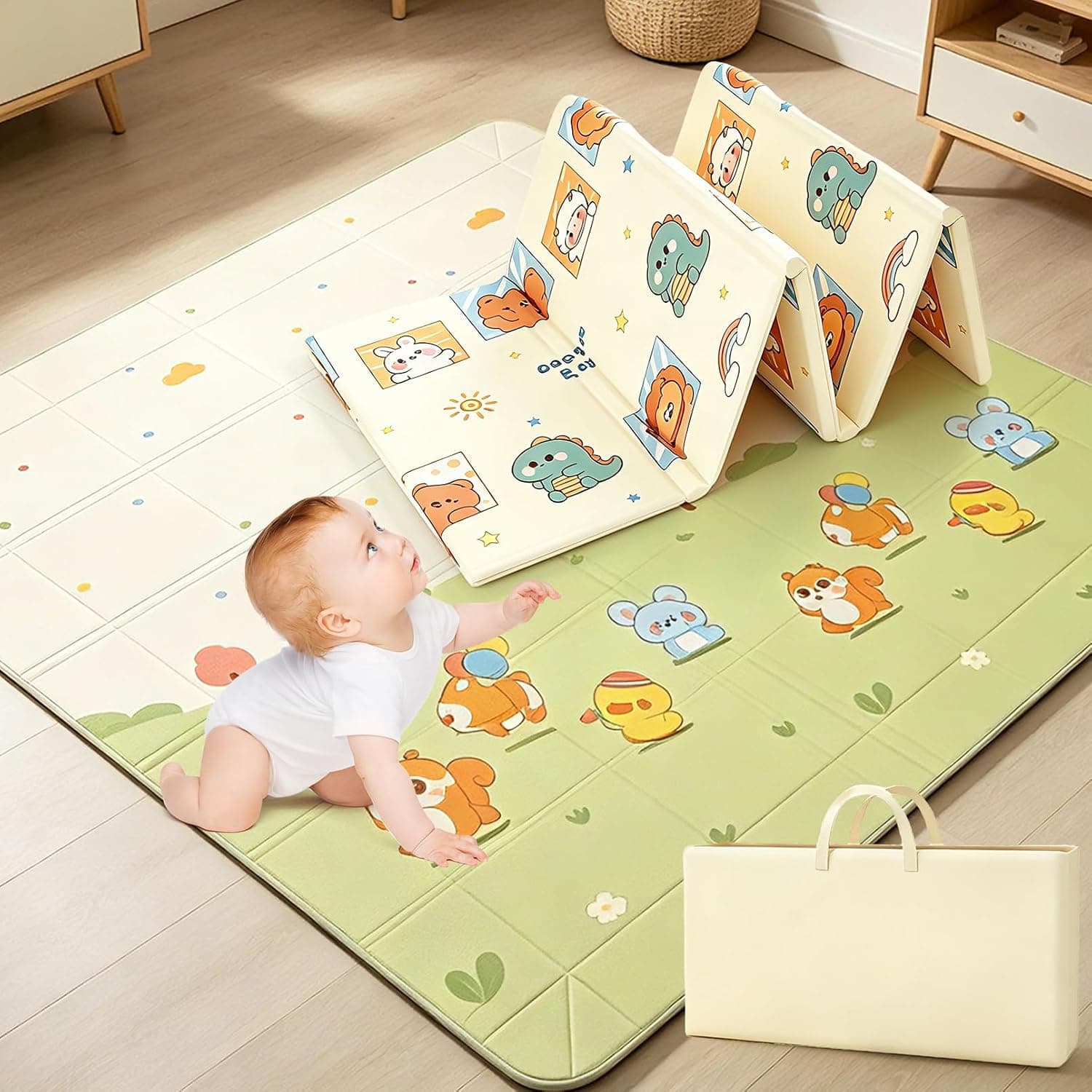 Andanna Baby Play Mat for Floor Foldable Thick, Portable Baby Floor Mat Waterproof Anti-Slip Large, Double-Sided Cushioned Playmat, 200 * 180 * 1.5cm for Baby Toddler Kids Playroom (Dinosaurs park)
