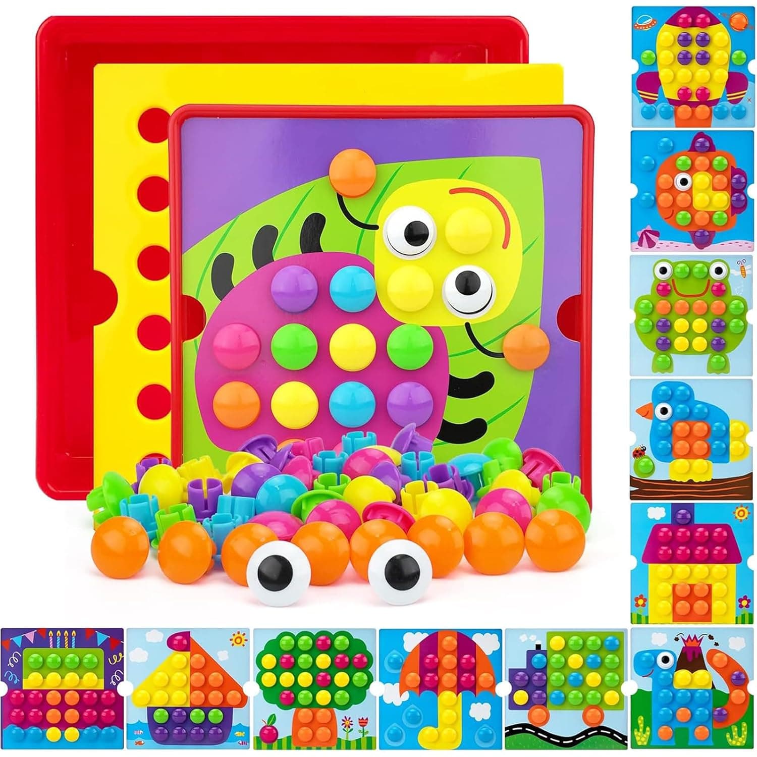 Soofam Button Art Toy, Educational Color Matching Mosaic Pegboard & Fine Motor Skills Game, Color Discover Button Art Toddlers Activity, Sorting & Stacking Toys for Kids Ages 3+