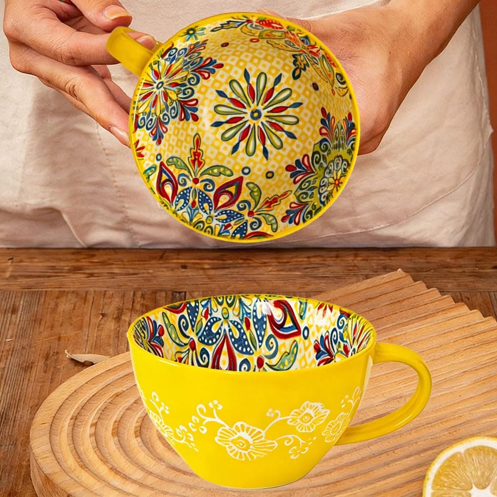 Bohemian Hand-Painted Ceramic Mug & Drinking Cup, 13.5 Oz Large Coffee Cup for Milk, Tea, and Breakfast, Dishwasher & Microwave Safe Artisan Cup, Yellow